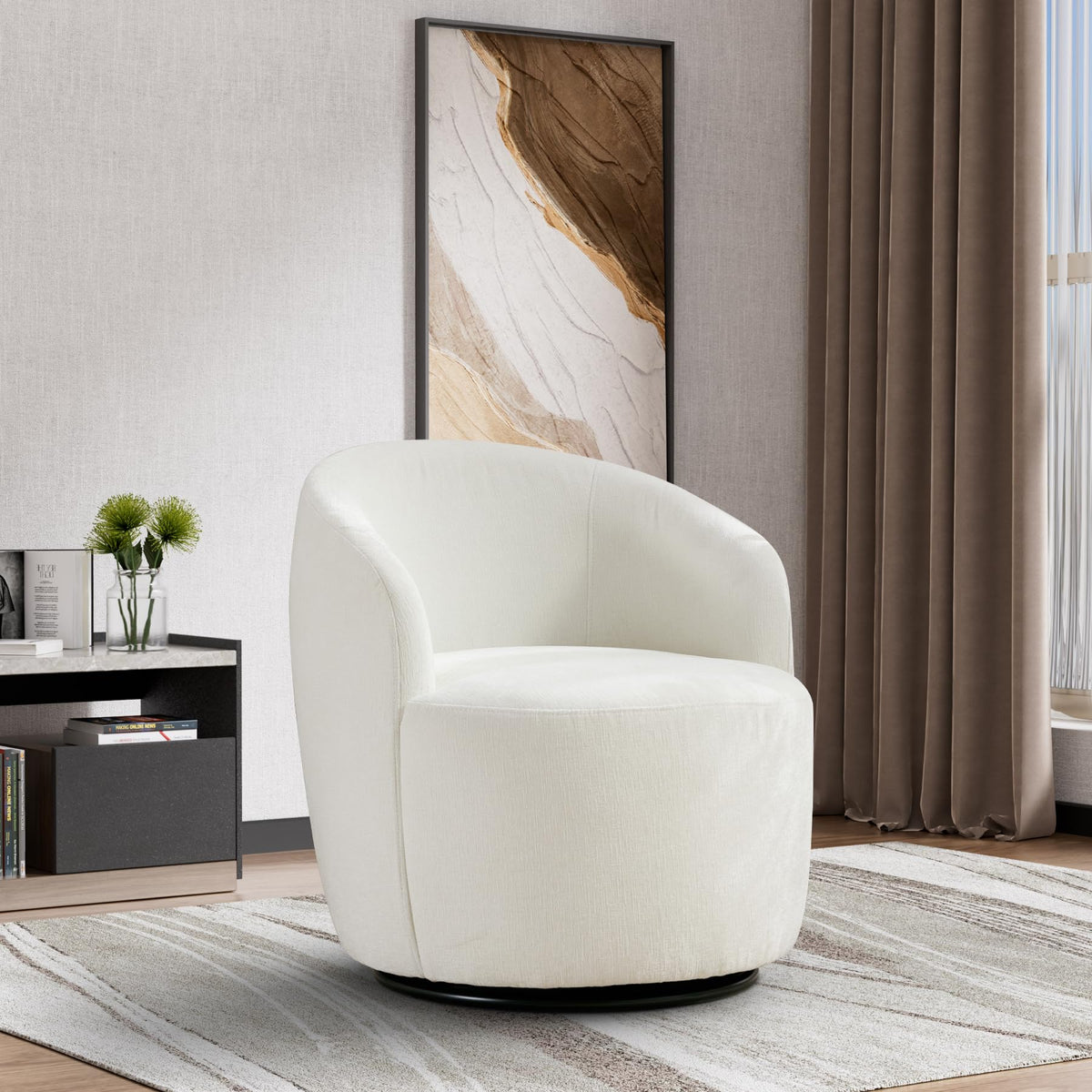 Wrofly Swivel Barrel Chair, Modern Comfy Boucle Swivel Accent Chair, Comfy Chenille Round Armchair, Small Upholstered Reading Lo