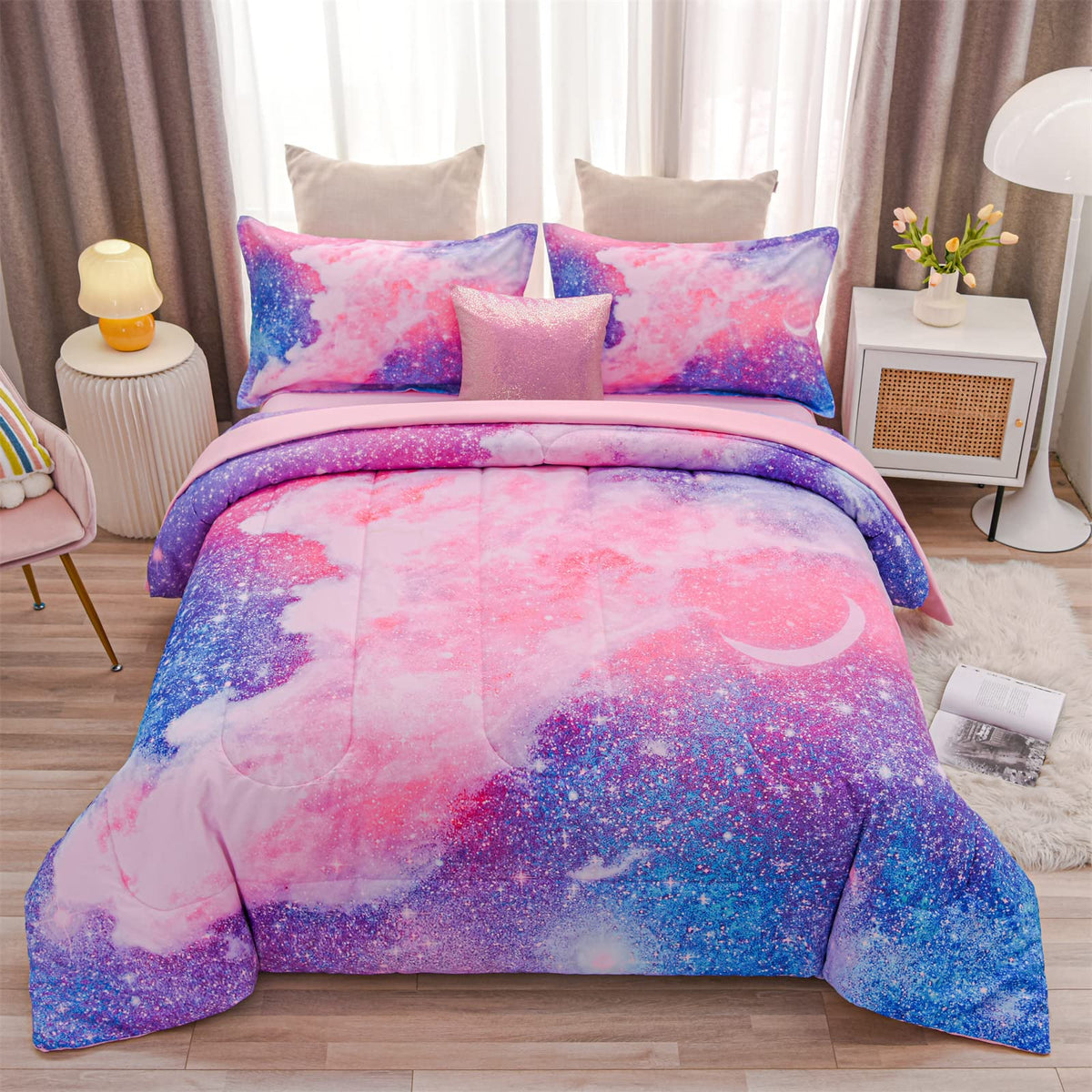 A Nice Night Galaxy Bedding Sets Outer Space Comforter 3D Printed Space Quilt Set Queen 6Pcs Glitter Pink,For Children Boy Girl