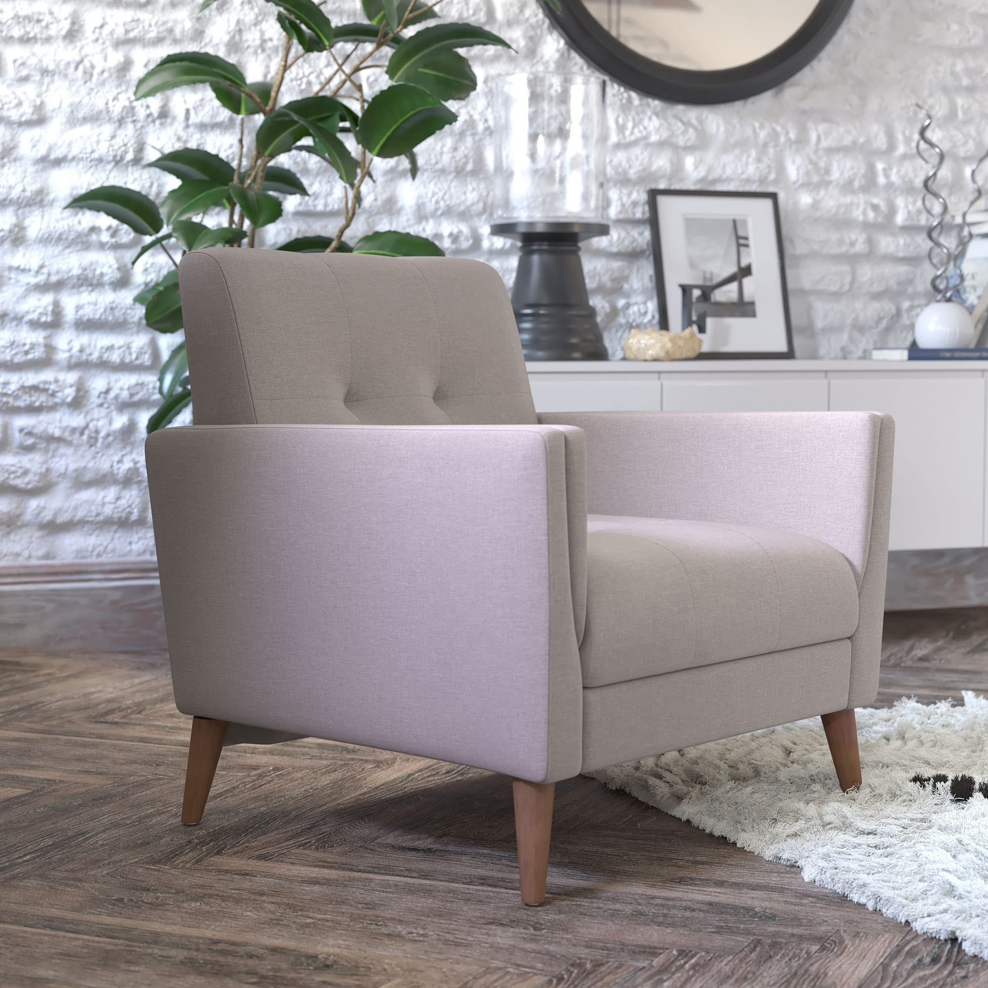 Flash Furniture Conrad Commercial Mid-Century Modern Chair - Taupe Faux Linen Upholstery - Buttonless Tufting - Wood Legs