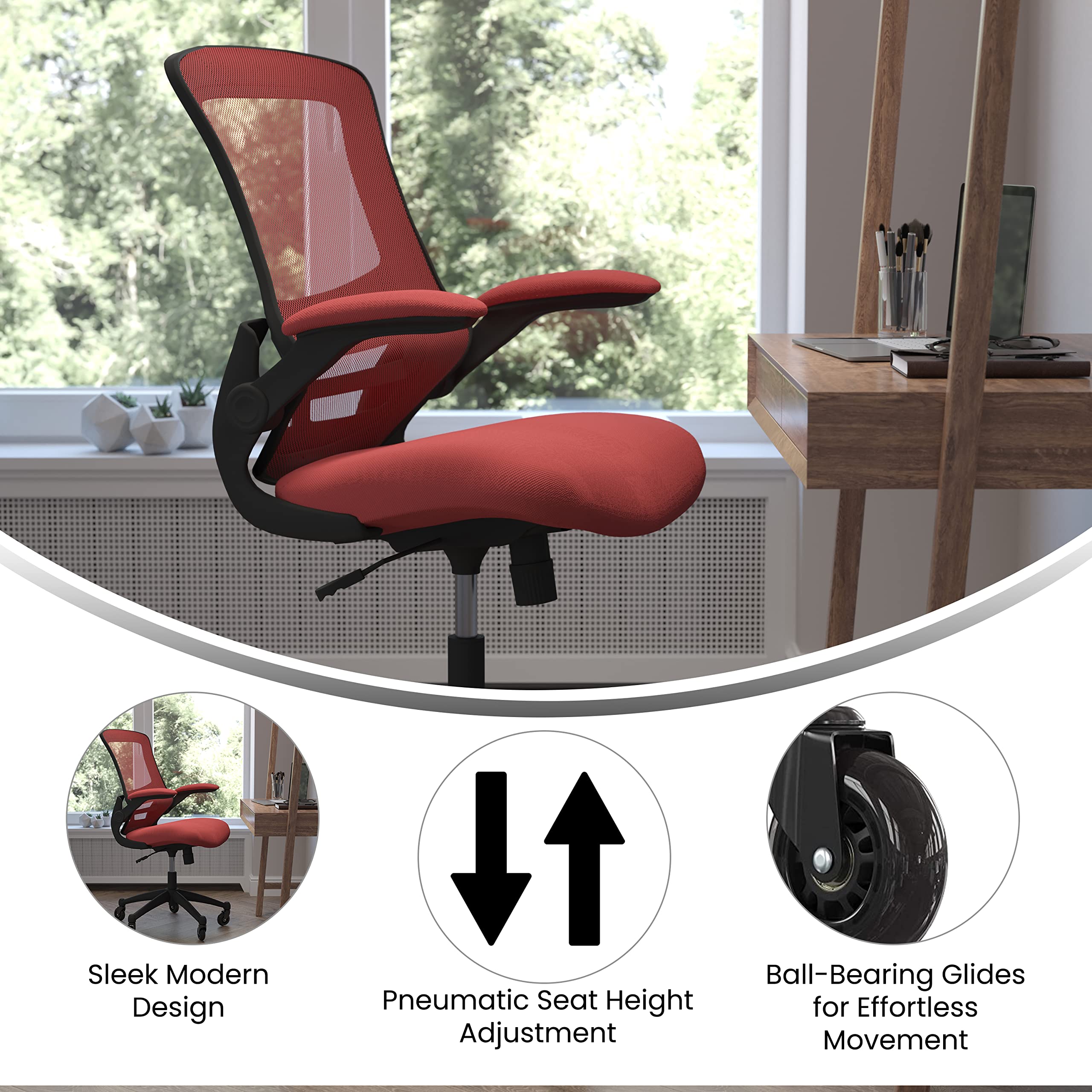Flash Furniture Kelista Mid-Back Red Mesh Swivel Ergonomic Task Office Chair With Flip-Up Arms And Transparent Roller Wheels