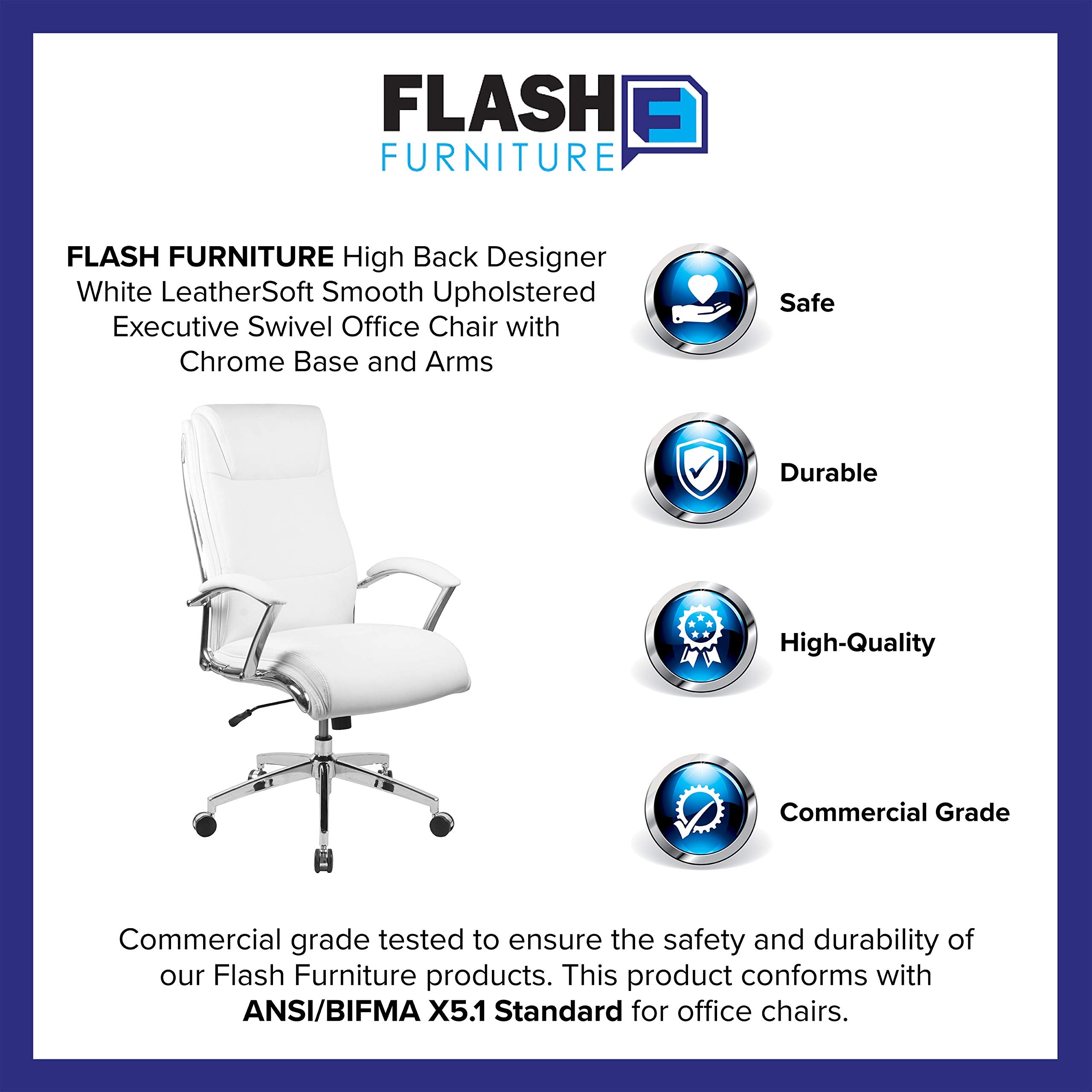 Flash Furniture Rebecca High Back Designer White Leathersoft Smooth Upholstered Executive Swivel Office Chair With Chrome Base And Arms