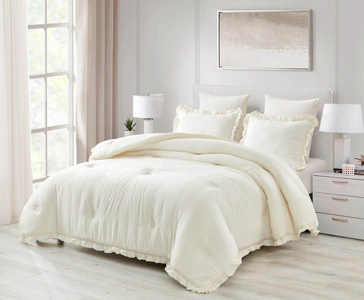 Chezmoi Collection Nora 3-Piece Ruffled Edge Trim Soft Washed Microfiber Comforter Set (King, Ivory)