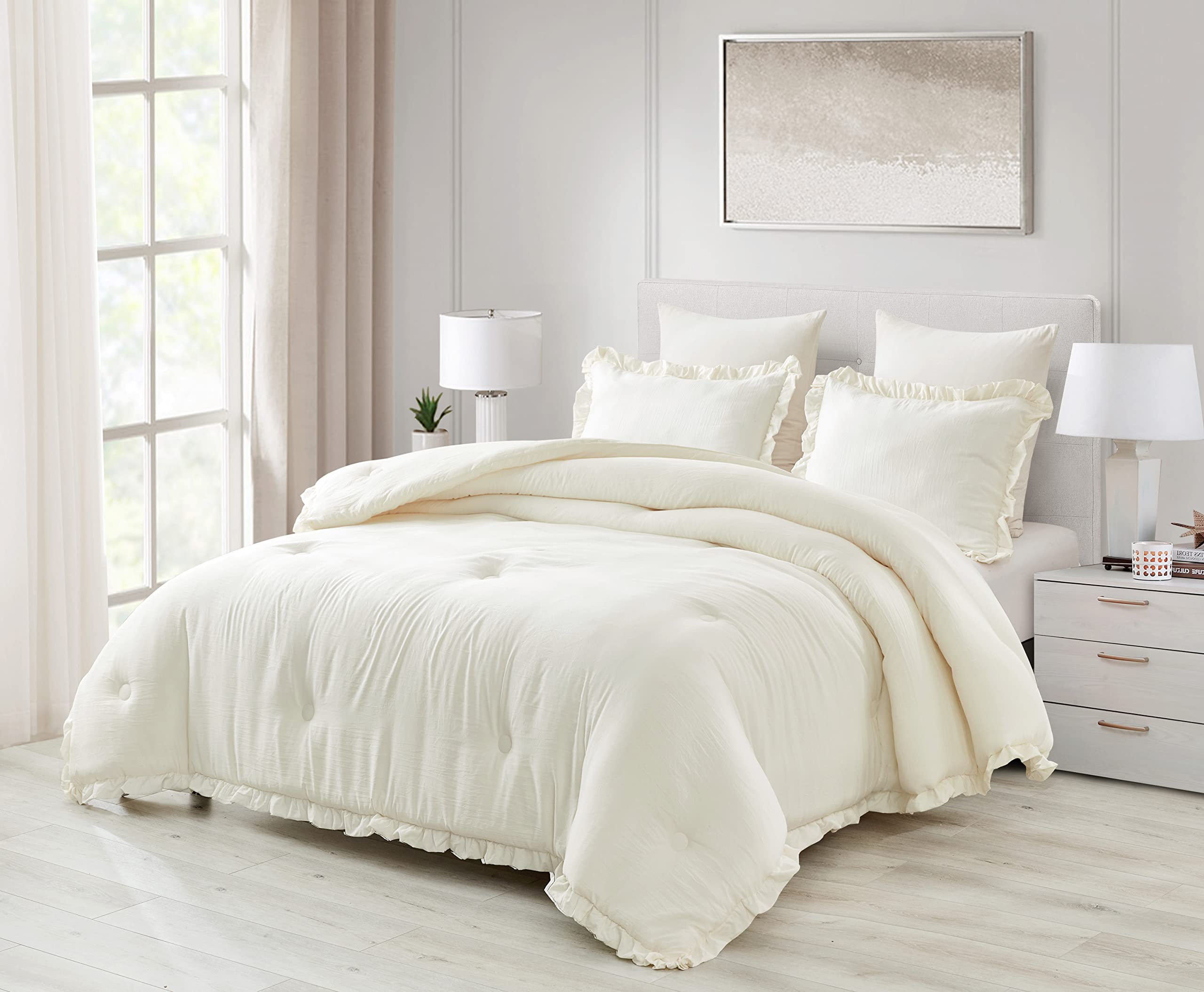 Chezmoi Collection Nora 3-Piece Ruffled Edge Trim Soft Washed Microfiber Comforter Set (King, Ivory)