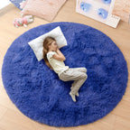 junovo Rug 4x4 Feet, Light Navy, Fluffy Soft Area Rugs for Kids Girls Room Princess Castle Plush Shaggy Carpet, Circular Home De
