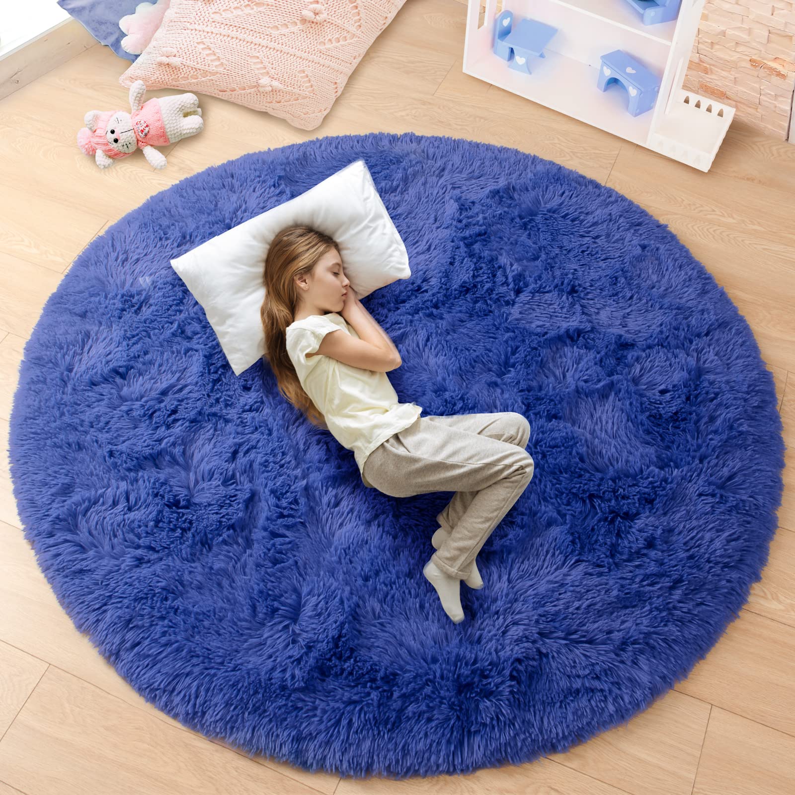 junovo Rug 4x4 Feet, Light Navy, Fluffy Soft Area Rugs for Kids Girls Room Princess Castle Plush Shaggy Carpet, Circular Home De