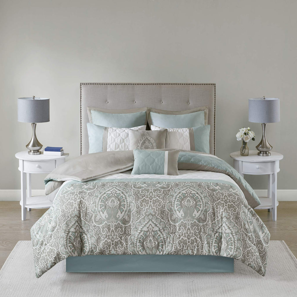 510 Design Luxe Quilted Comforter Set Modern Transitional Design, All Season Down Alternative Warm Bedding Matching Shams, Bedskirt, Decorative Pillow, Cal King, Shawnee Scrollwork Seafoam