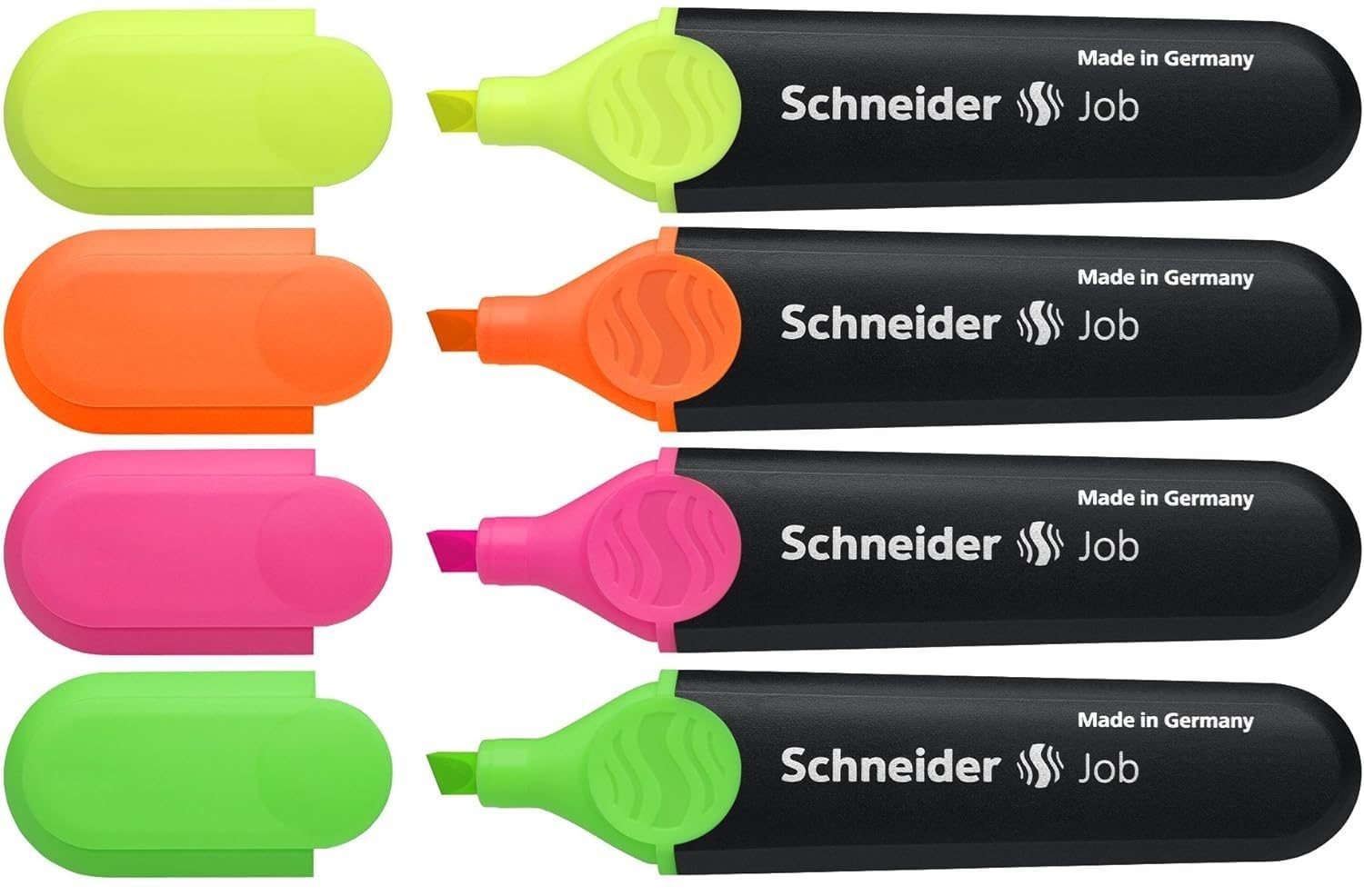 Schneider Job Highlighters, Chisel Tip, 1 + 5 Mm, Black Barrel, Assorted Ink Colors, Pack Of 4 Highlighters: Orange, Green, Pink
