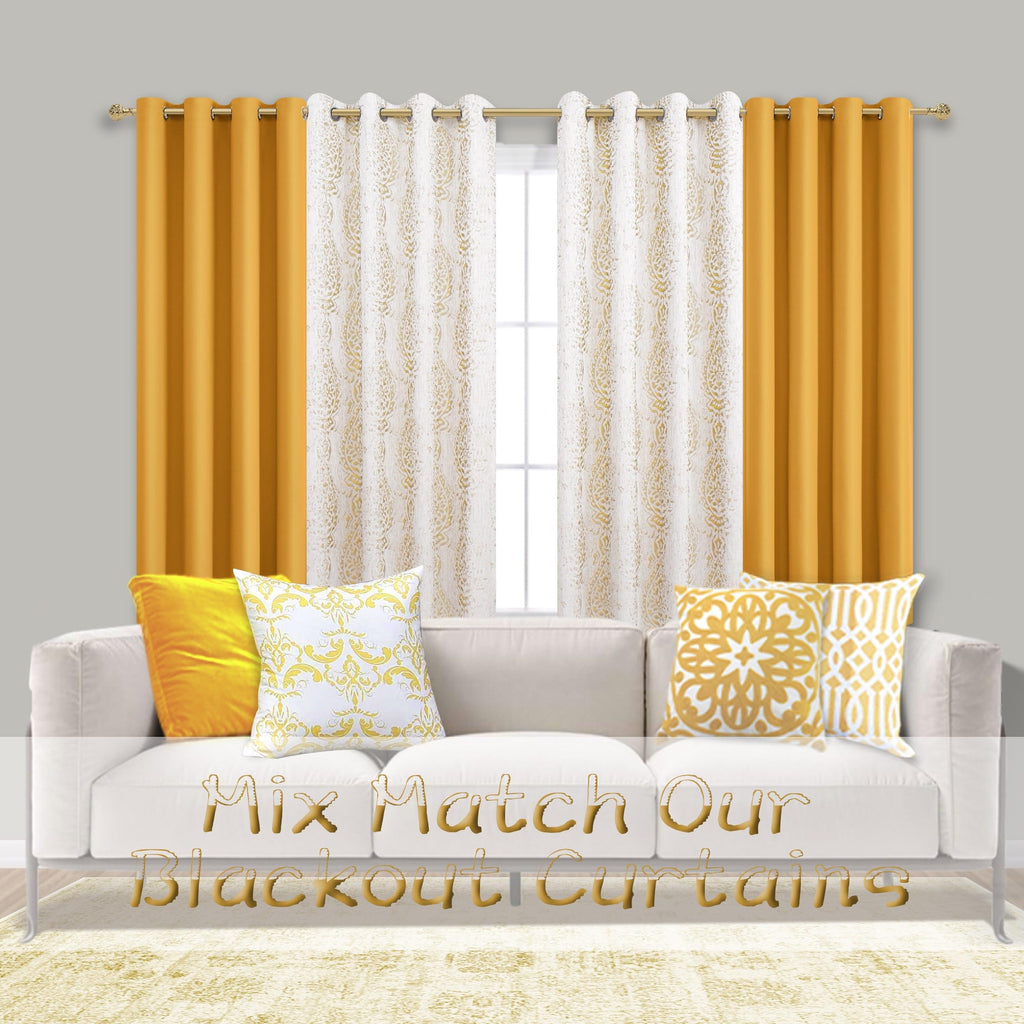 Mrs.Naturall Gold Yellow Semi Sheer Curtains 108 Inches Long For Living Room 2 Panel Set Damask Pattern Jacquard Luxury Drapes F