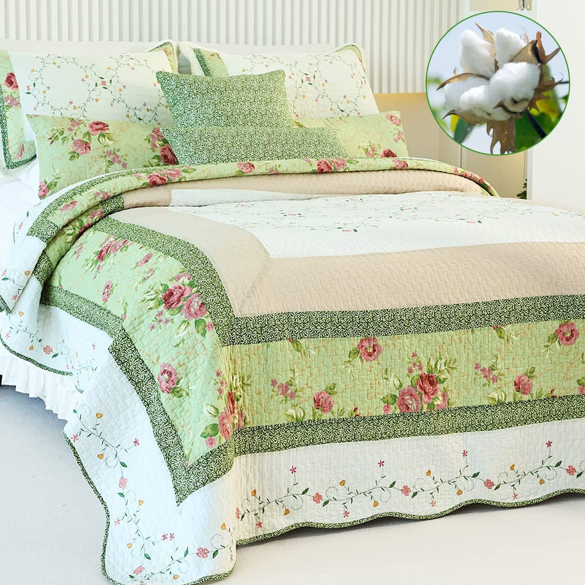 Evenhug 100% Cotton Patchwork Quilt Queen Size Set Lightweight Floral Queen Quilts Bedding Set Bedspread Coverlet Reversible Bed
