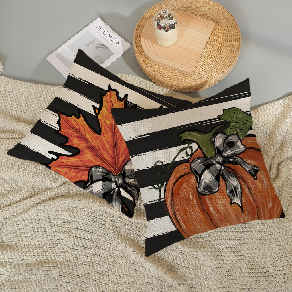 Gohdiwh Fall Pillow Covers 20X20 Set Of 2 Orange Pumpkin Maple Leaves Stripes Fall Decor Pillowcase Autumn Harvest Decorative Ou