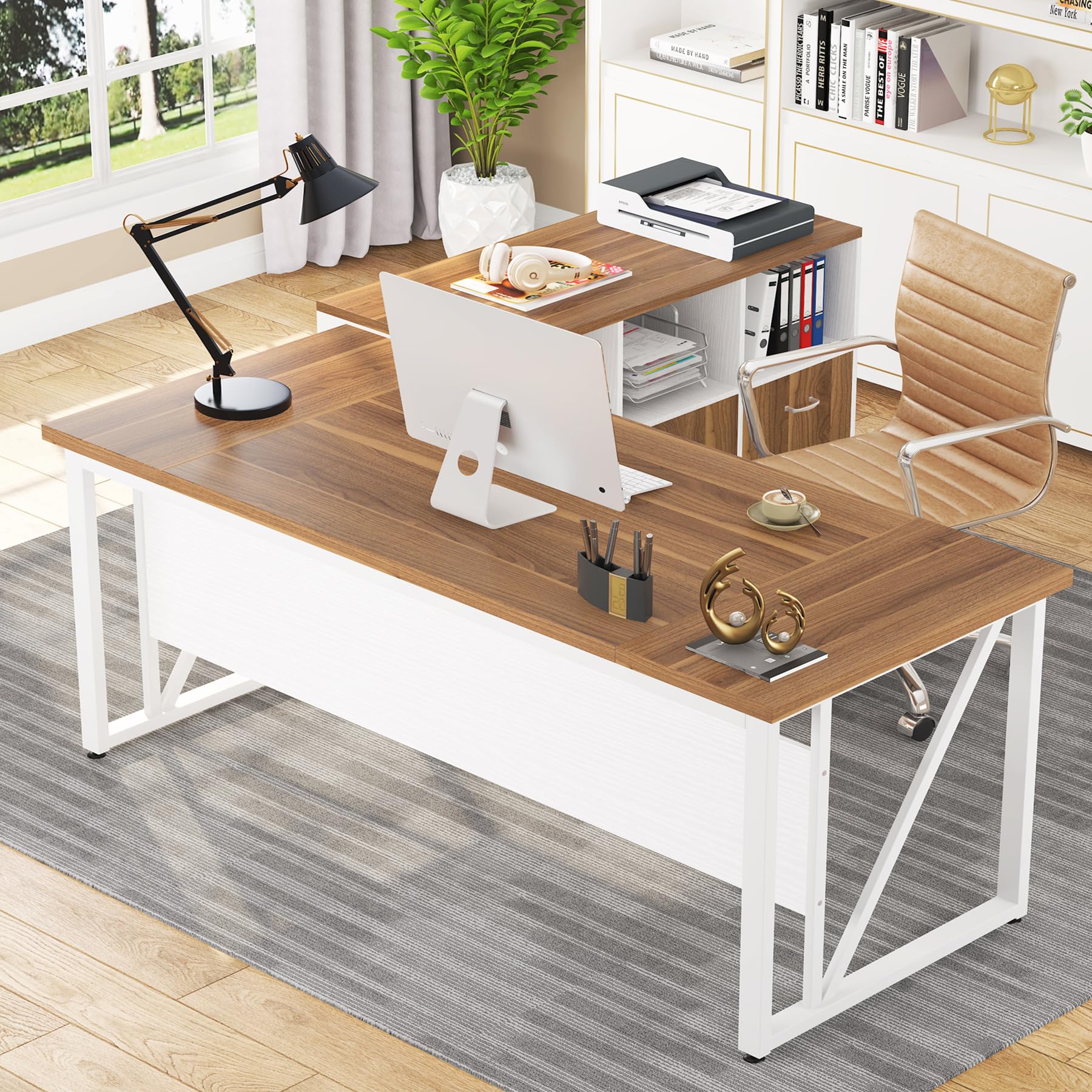 Tribesigns 63 inches Executive Desk and 47  lateral File Cabinet, L-Shaped Computer Desk Home Office Furniture Set with Drawers 