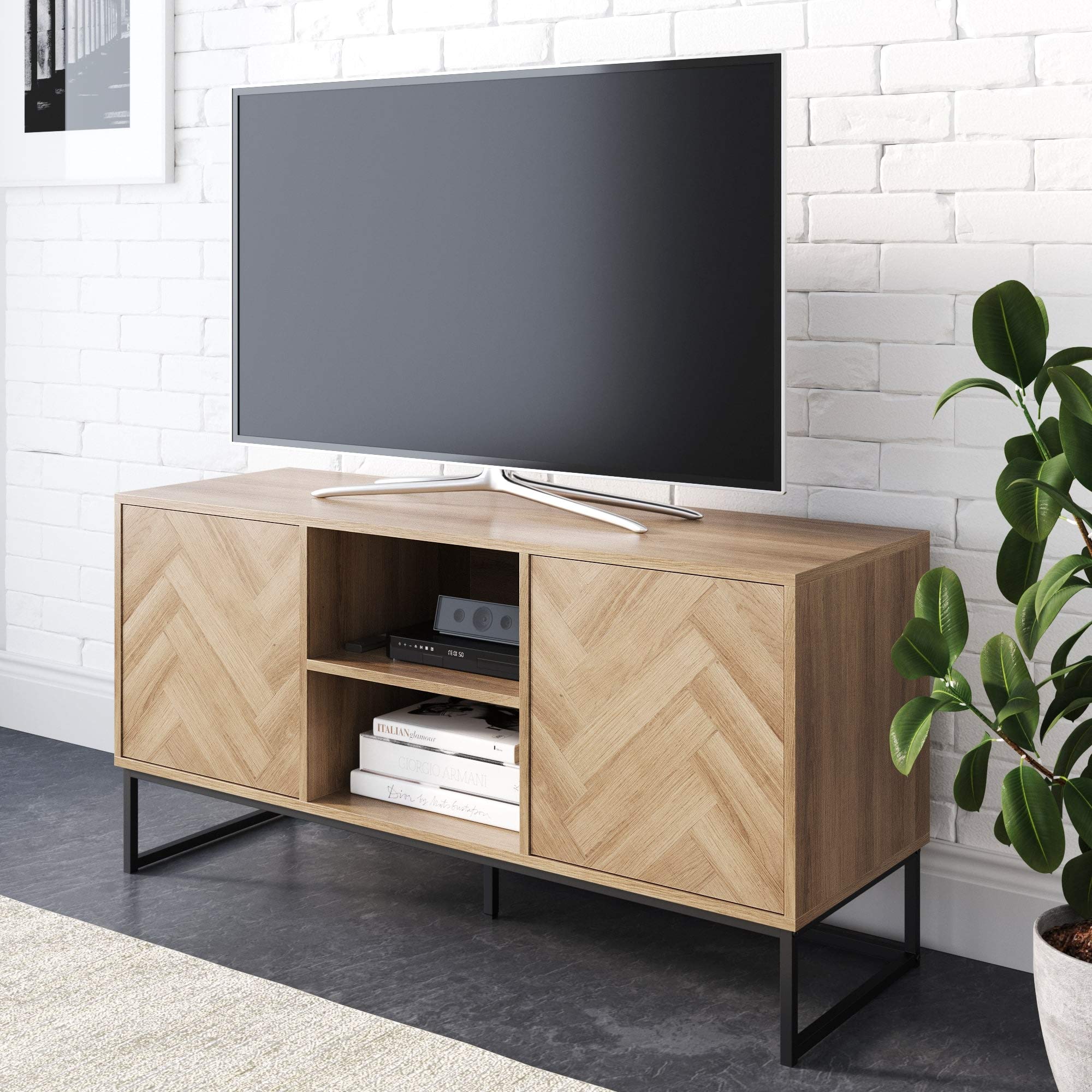 Nathan James Dylan Media Console Cabinet or TV Stand with Doors for Hidden Storage in a Natural Reclaimed Herringbone Wood Patte