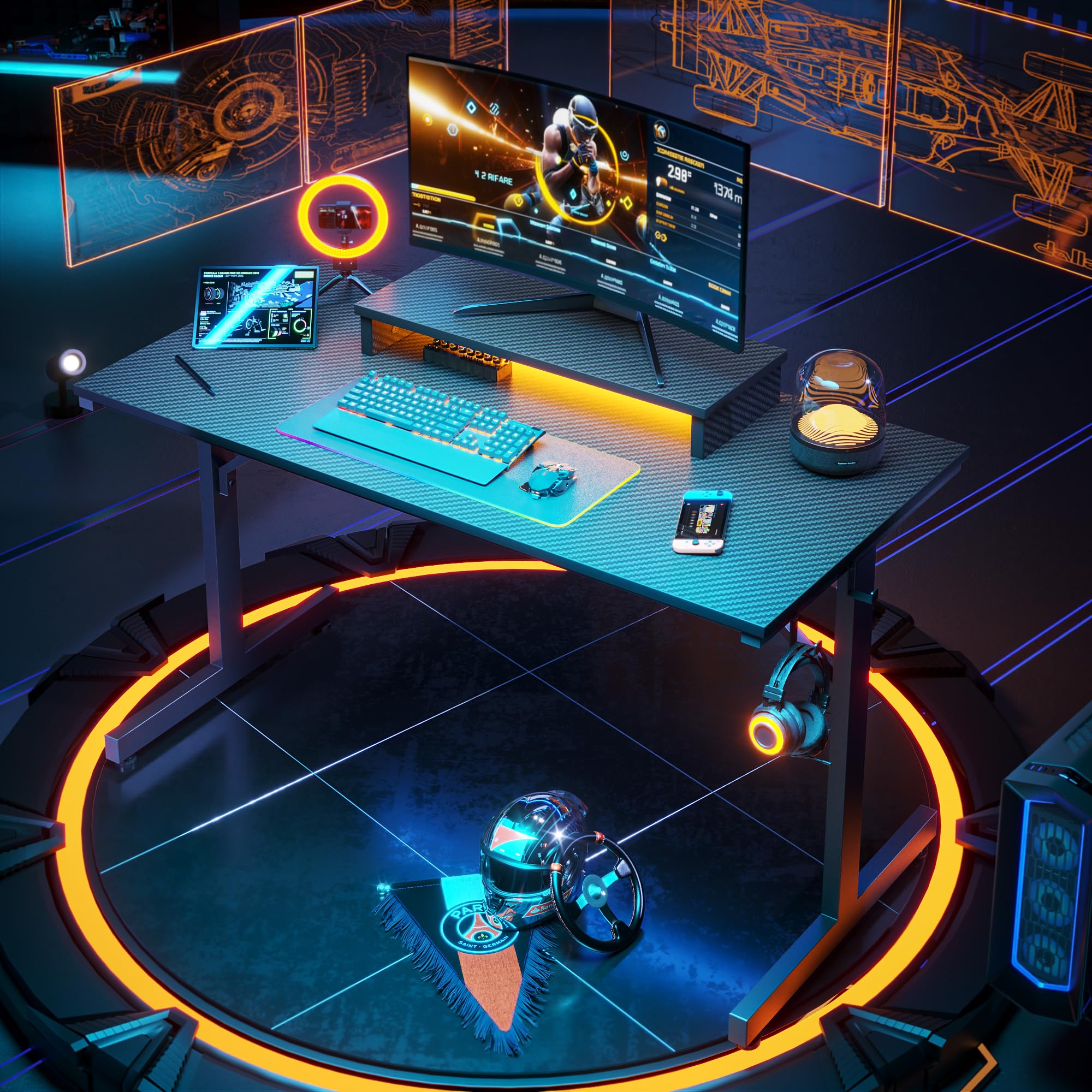 Bestier Small Gaming Desk With Monitor Stand, 42 Inch Led Computer Desk, Gamer Desk With Cup Holder & Headset Hooks, Modern Simple Style Desk For Home Office Ps5 Small Spaces, Carbon Fiber Black