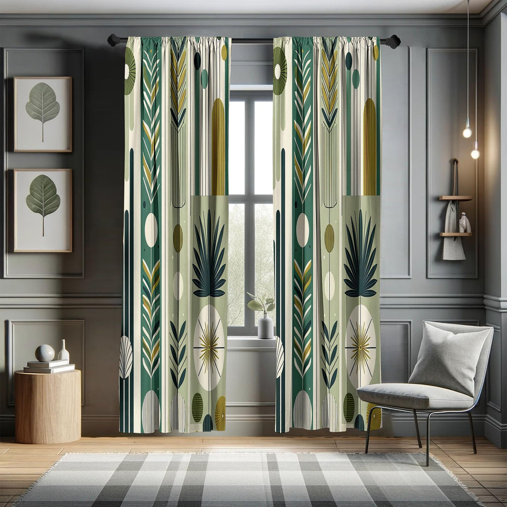 Ambesonne Mid Century Modern Window Curtains Pack Of 2, Abstract Circles Leaves And Stripes In Nature Color Palette, Lightweight