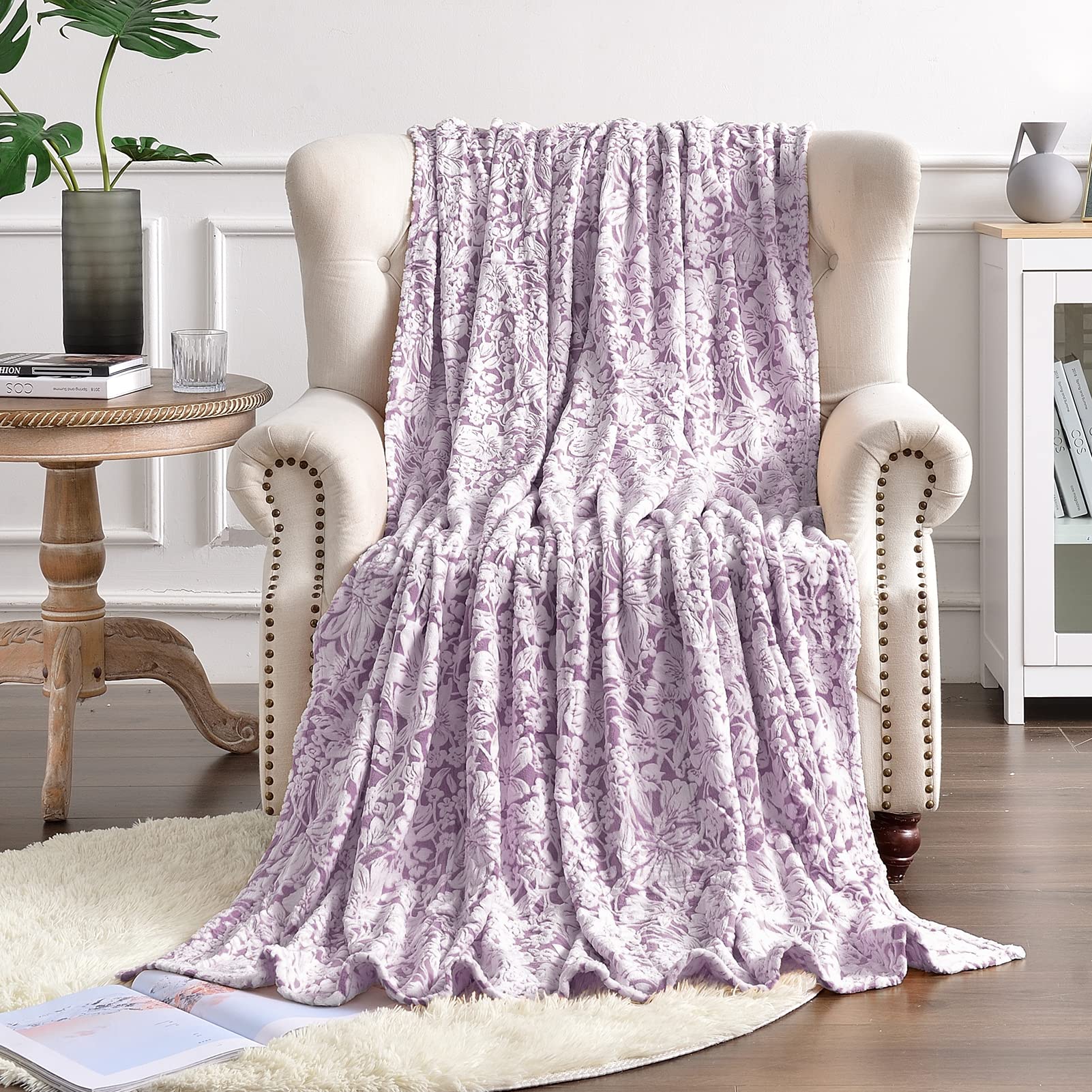 Fy Fiber House Flannel Fleece Throw Blanket Super Soft Lightweight Microfiber With Flower Print For Couch, 50'X60', Lavender