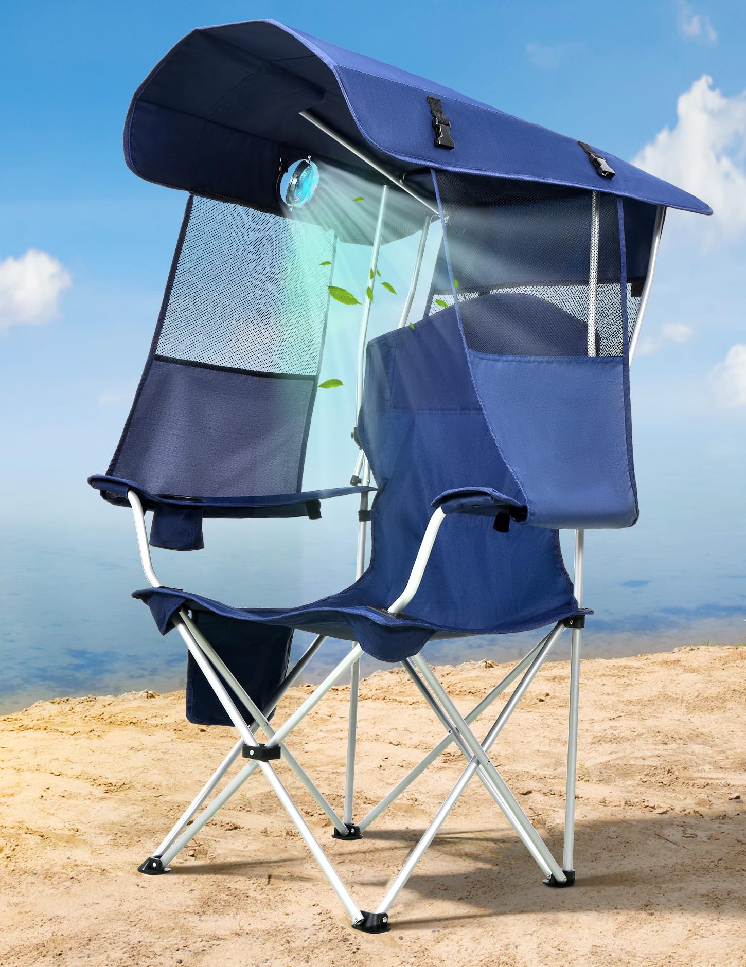 Docusvect Beach Chair with Canopy Shade and Fan - 360 Rotatable & 3-Speed Airflow, Camping Chair with Canopy and Powerful & Quie