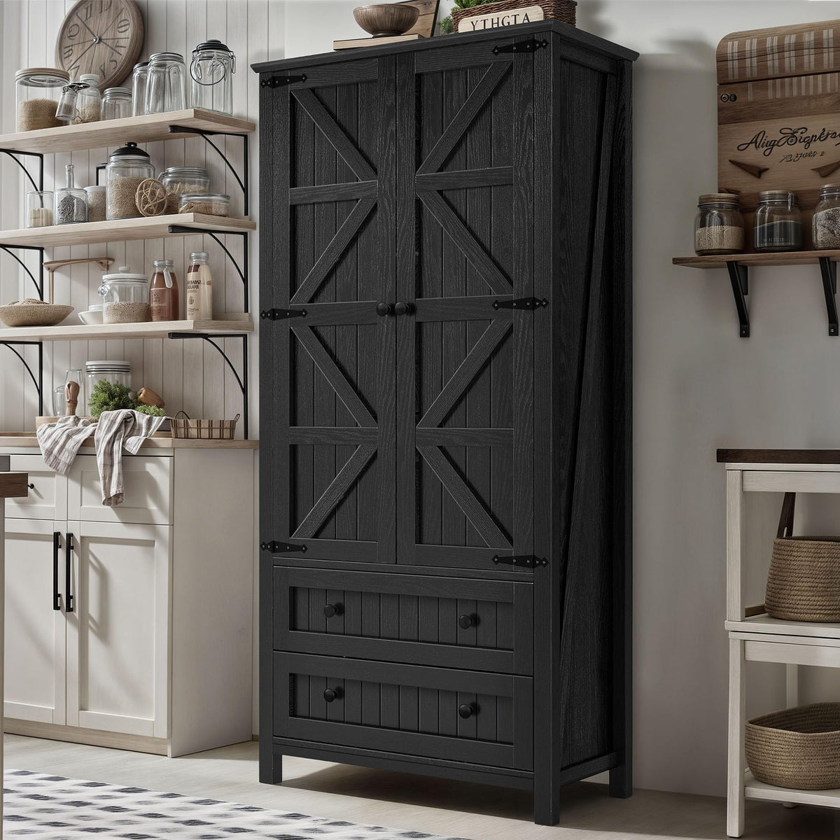 Dwvo Farmhouse Kitchen Pantry Cabinet, 64.5' Tall Storage Cabinet With 2 Drawers And Adjustable Shelves, Versatile Storage For Living Room, Dining Room Or Hallway, Oak Black