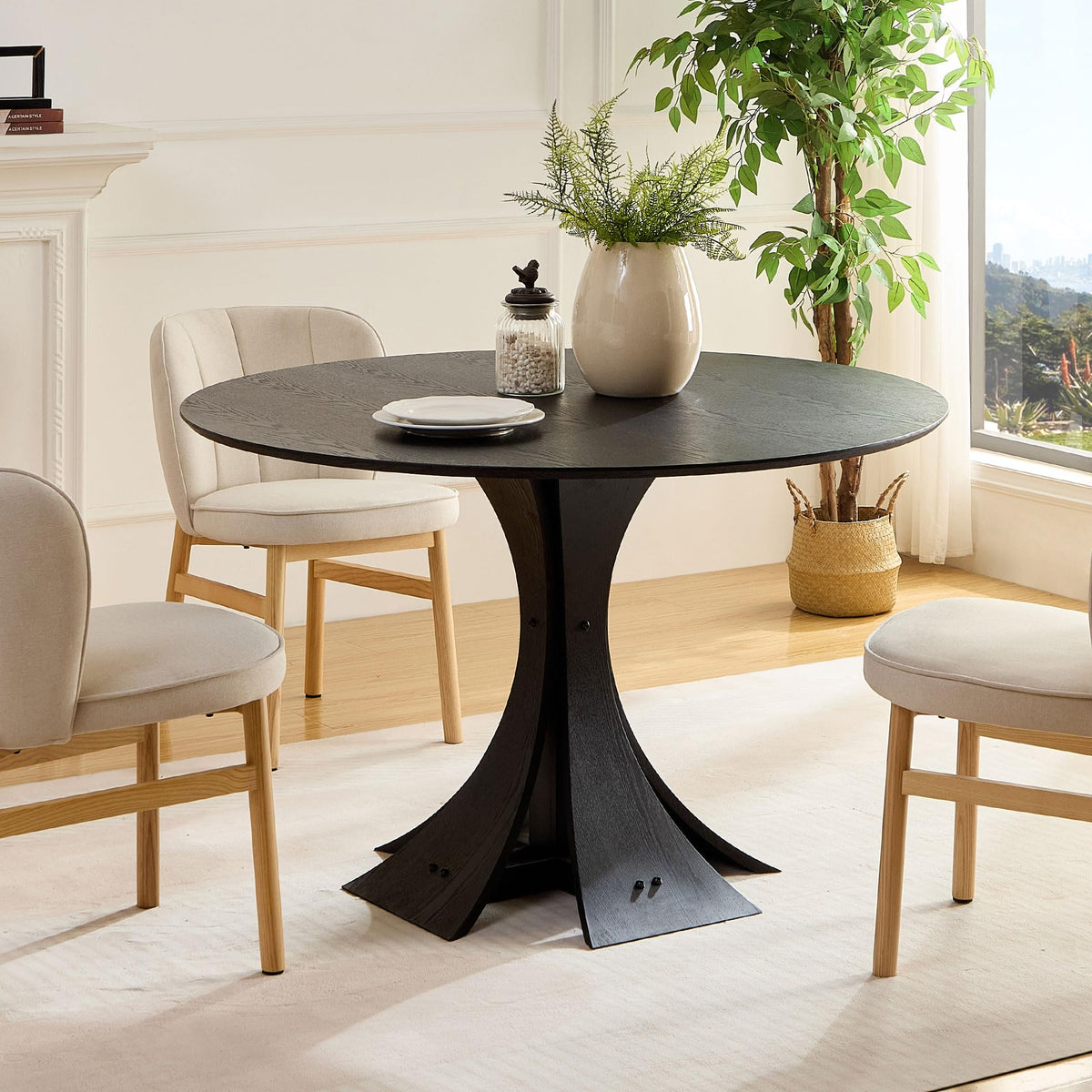 Dreamodern 47.24 Inch Dining Table For 4-6 People, Wood Round Kitchen Table For Dining Room, Kitchen, Living Room, Black