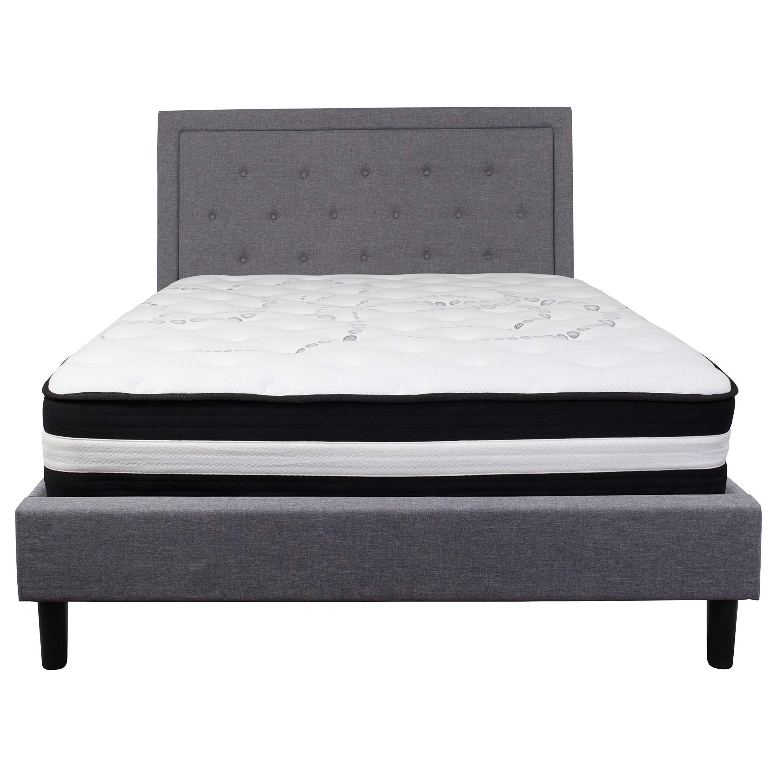Flash Furniture Roxbury Queen Size Tufted Upholstered Platform Bed In Light Gray Fabric With Pocket Spring Mattress