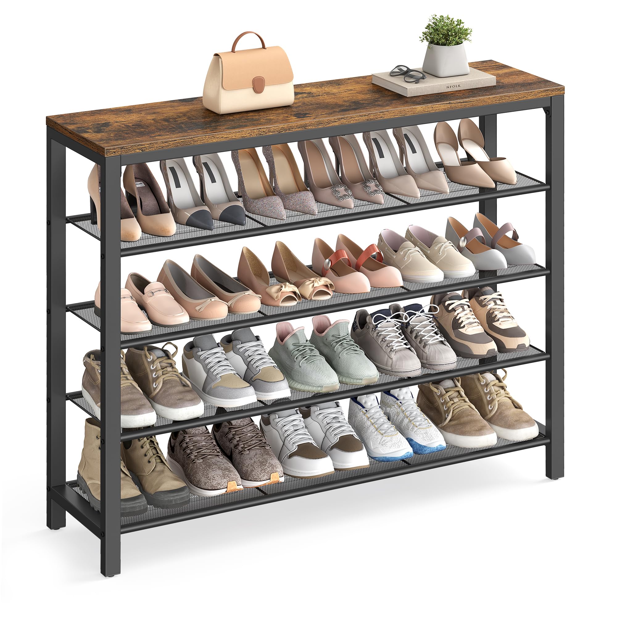 VASAGLE Shoe Rack, 5-Tier Shoe Storage Organizer with 4 Metal Mesh Shelves for 16-20 Pairs and Large Surface for Bags, for Entry