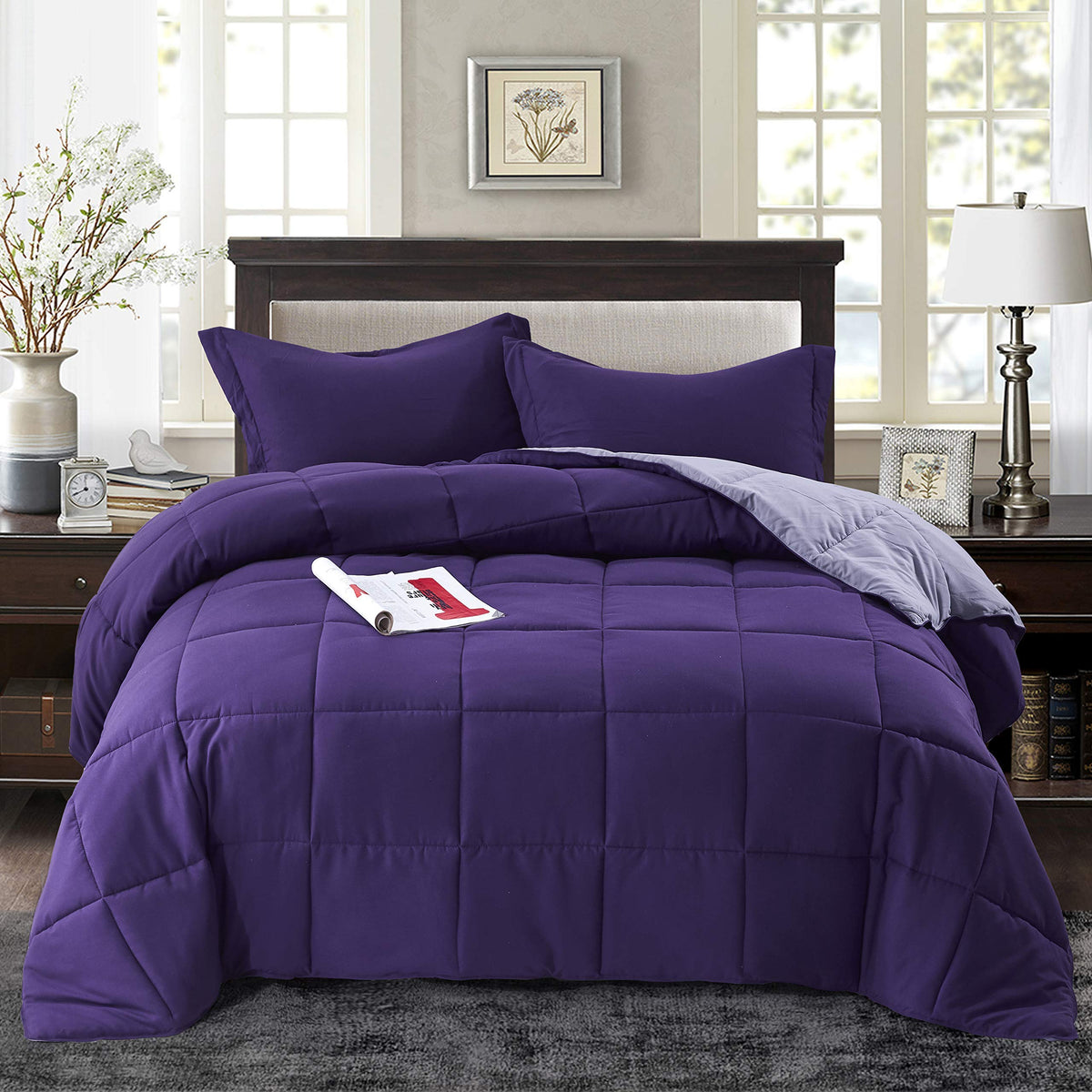 Hig 3Pc Down Alternative Comforter Set - All Season Reversible Comforter With Sham - Quilted Duvet Insert With Corner Tabs - Box