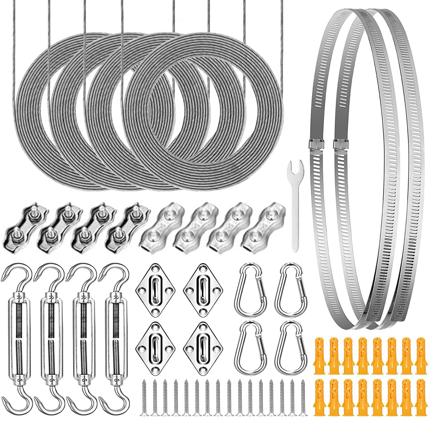 Sun Shade Sail Hardware Kit 6 Inch With 4Pcs 4 * 12Ft Cable Wire Rope 304 Stainless Steel For Patio, Garden Triangle Rectangle A