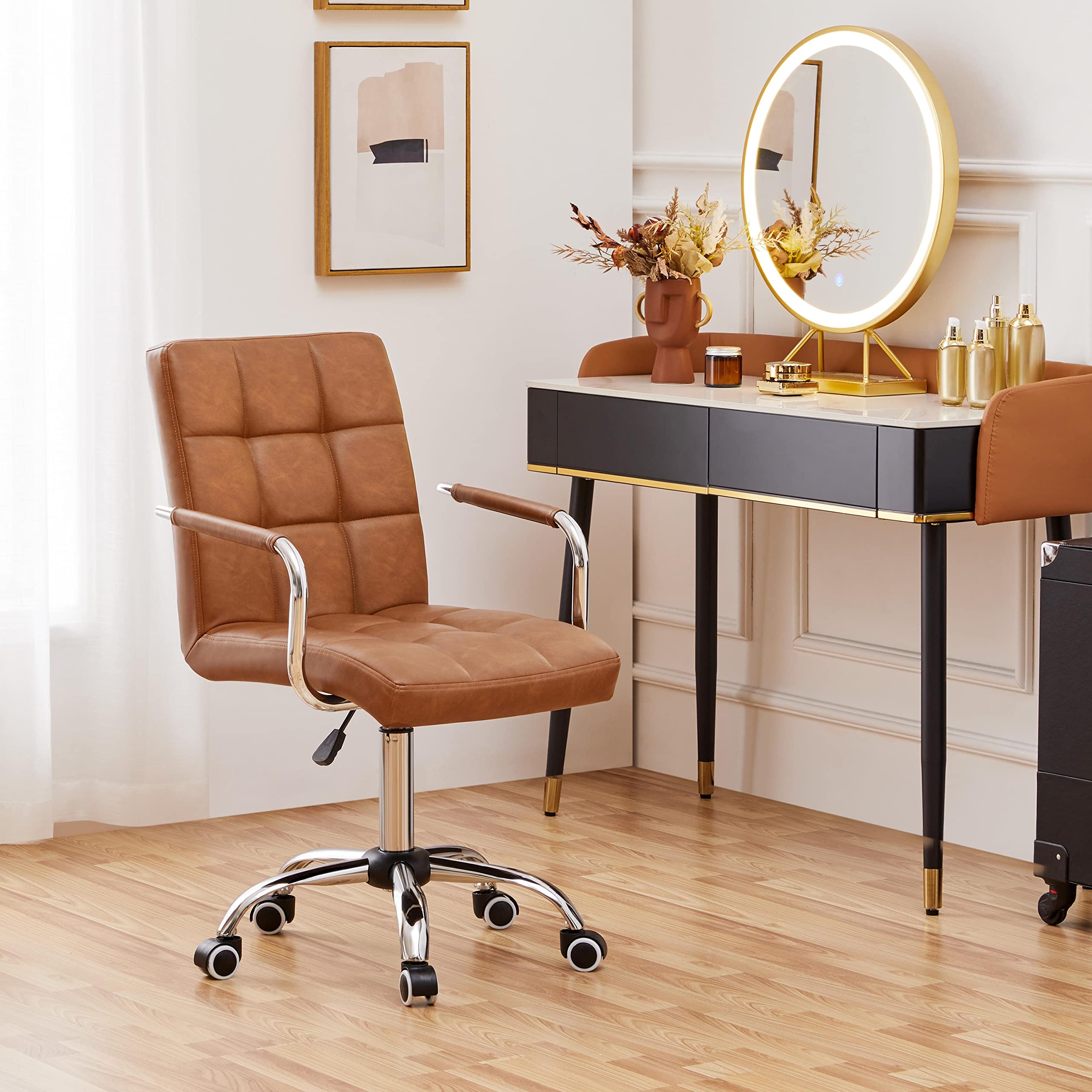 Yaheetech Pu Leather Office Desk Chair Mid Back Height Adjustable Chair Comfortable Computer Swivel Chair W/Armrests, Retro Brown