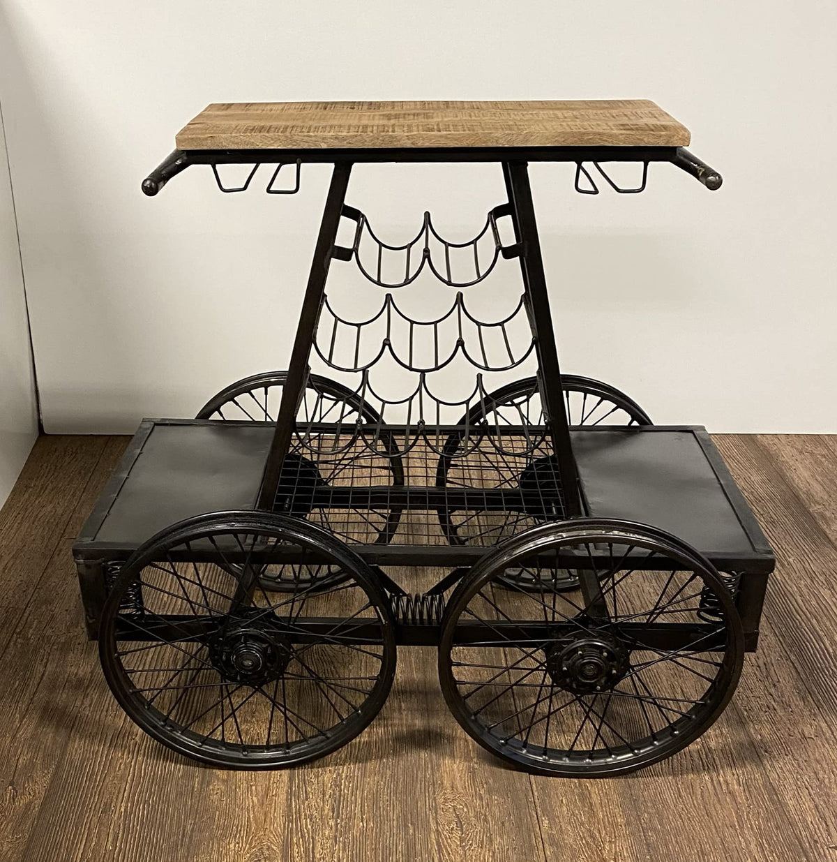 HomeRoots Mango Wood and Metal Rustic Black Rail Car Bar Cart