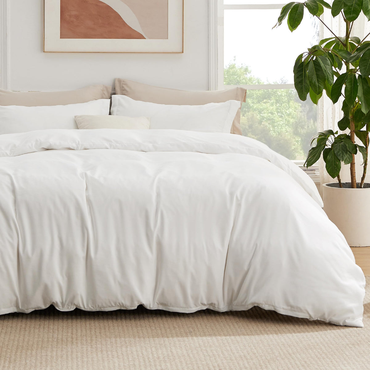 Bedsure Queen Duvet Cover Set With Fitted Sheet - Soft Double Brushed White Bedding Duvet Cover Set, 4 Pieces, Includes 1 Duvet