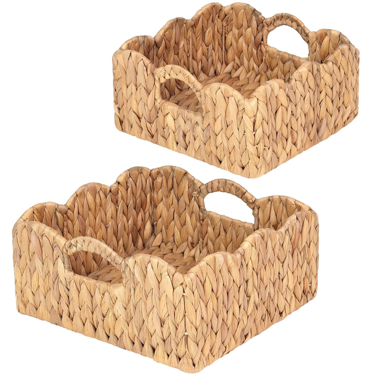 Scalloped Baskets (NaturalSet of 2) Basket Living Room Organizer, Water Hyacinth Baskets For Decor, Woven Basket for Bathroom, 