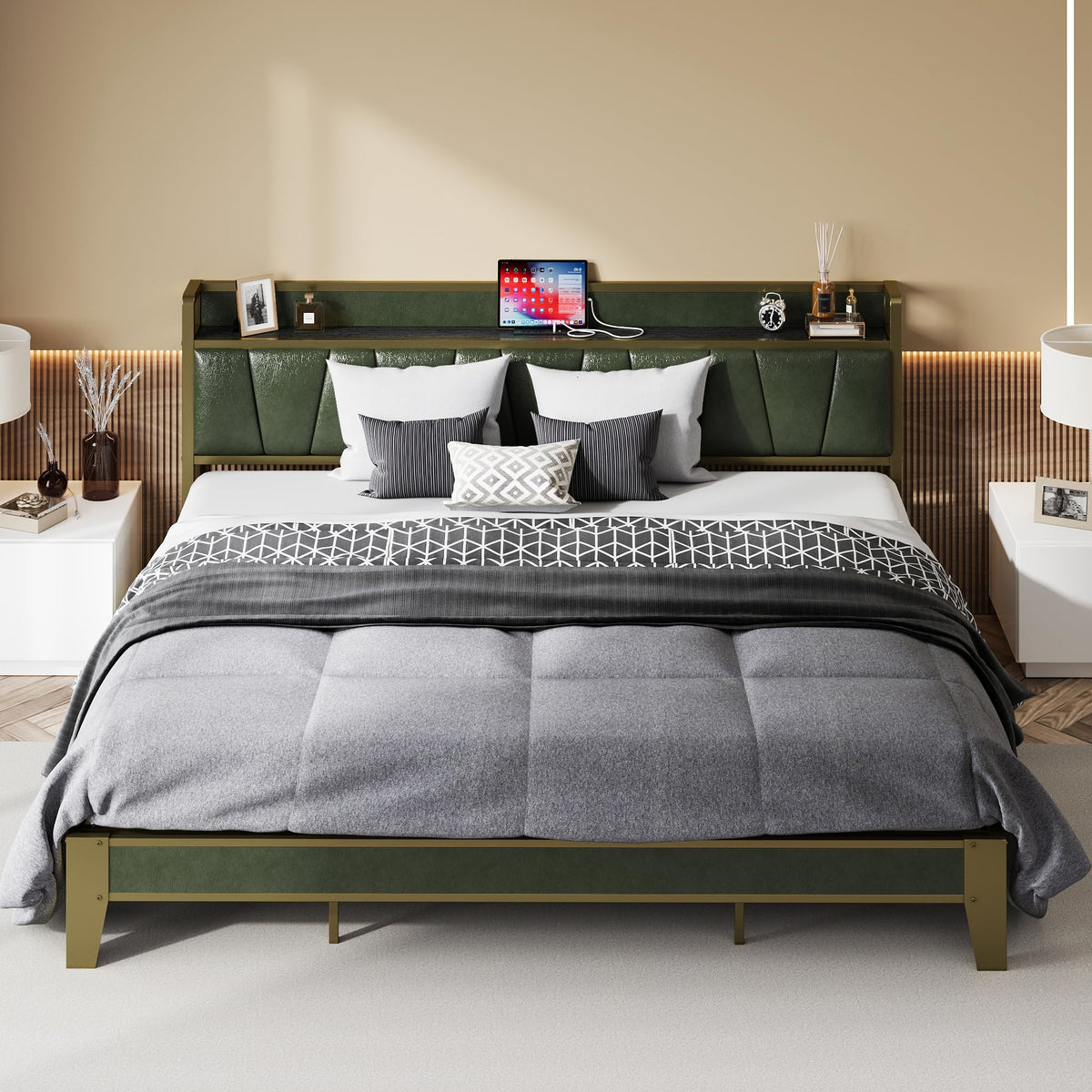 Likimio California King Bed Frame, Storage Headboard With Charging Station, Solid And Stable, Noise Free, No Box Spring Needed, Easy Assembly (Dark Green)
