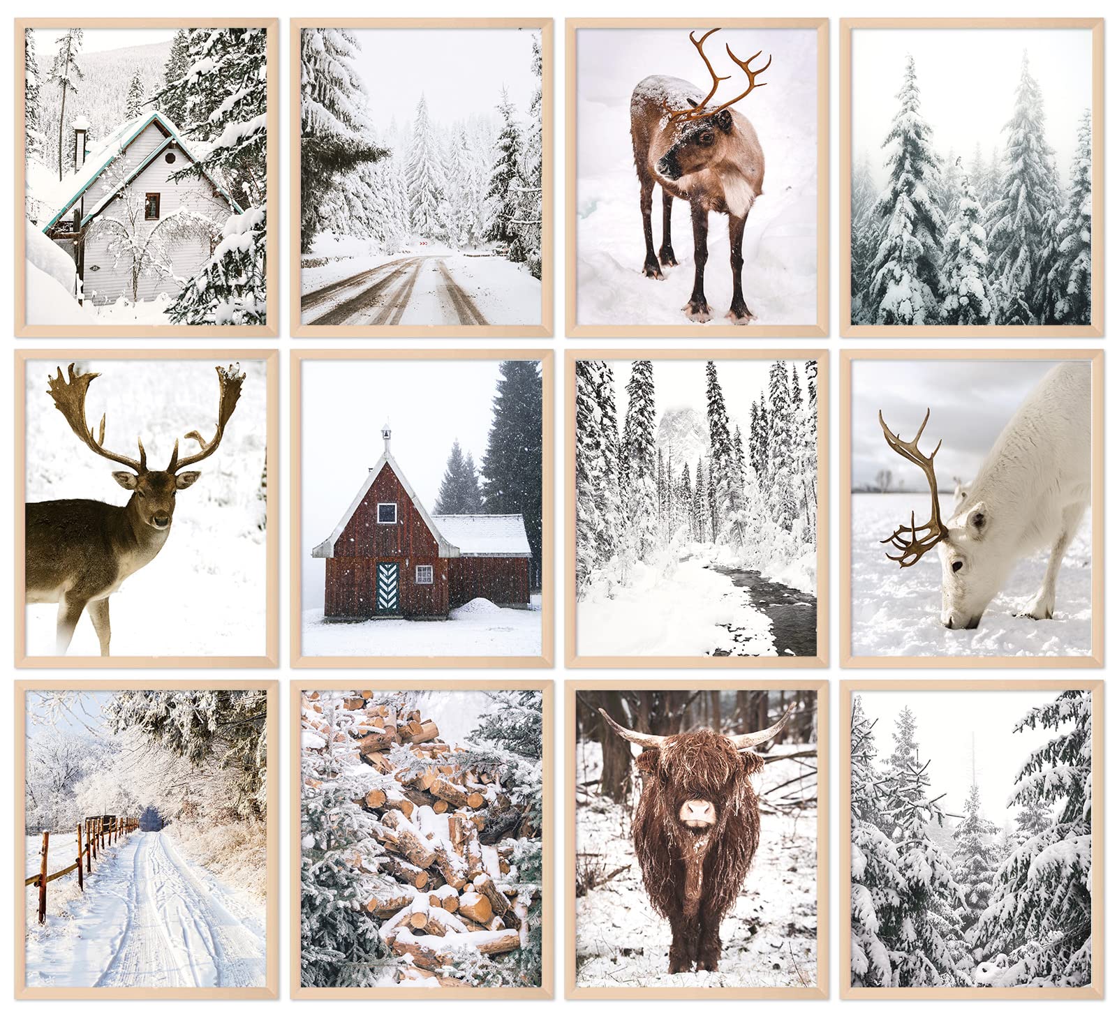 Whaline 11x14in 12Pcs Winter Wall Art Prints Cozy Christmas Room Decor Aesthetic Scandinavian Poster Snow Forest Frost Deer Moun