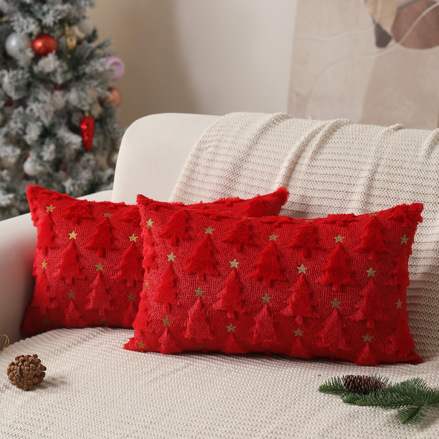 Allorry Christmas Pillow Covers 12 X 20 Inch Set Of 2 Red Christmas Tree Pillow Covers Decorations Plush Faux Fur Soft Cushion C