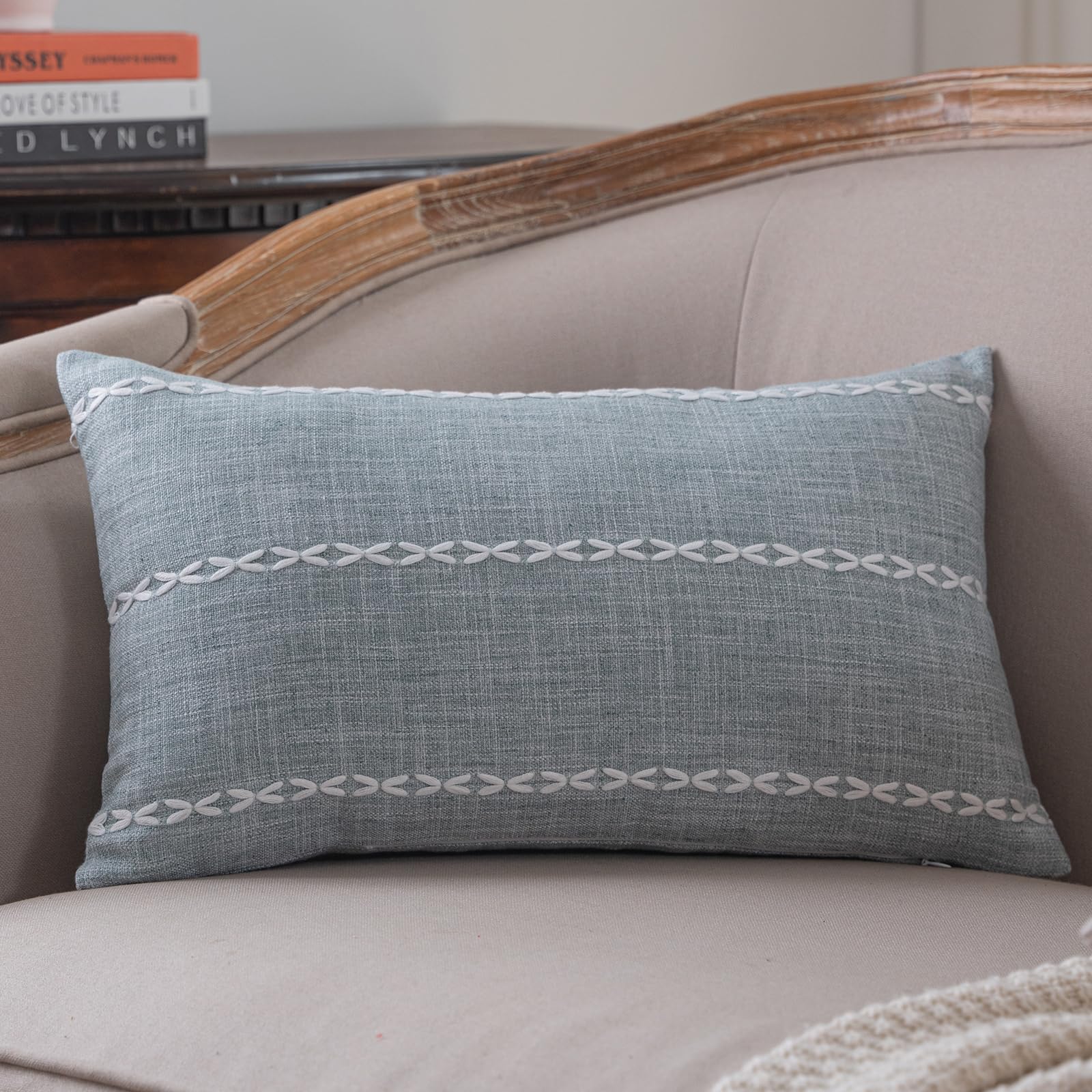 vctops Rustic Striped Cotton Linen Decorative Throw Pillow Cover Embroidery Lumbar Cushion Cover Pillowcase for Sofa Bedroom Cou