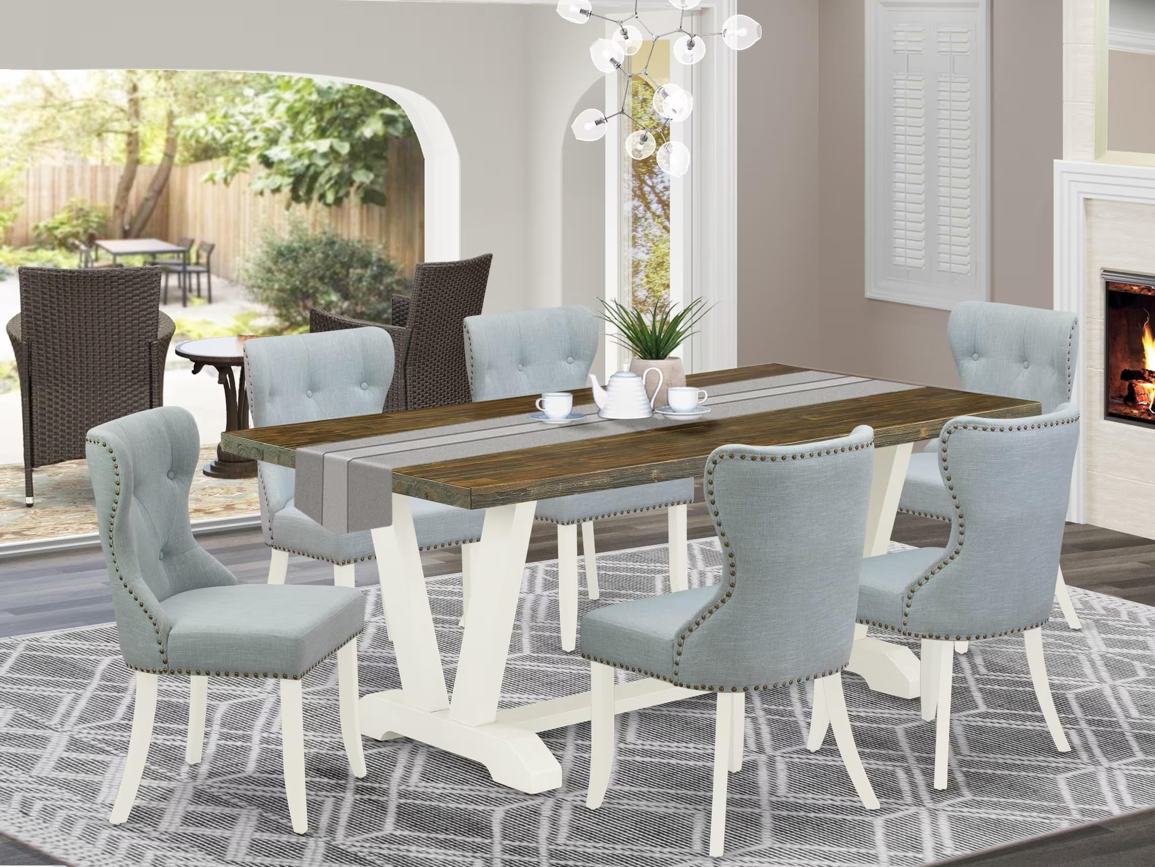East West Furniture V077Si215-7 7 Piece Dining Room Furniture Set Consist Of A Rectangle Dining Table With V-Legs And 6 Baby Blue Linen Fabric Parsons Chairs, 40X72 Inch, Multi-Color