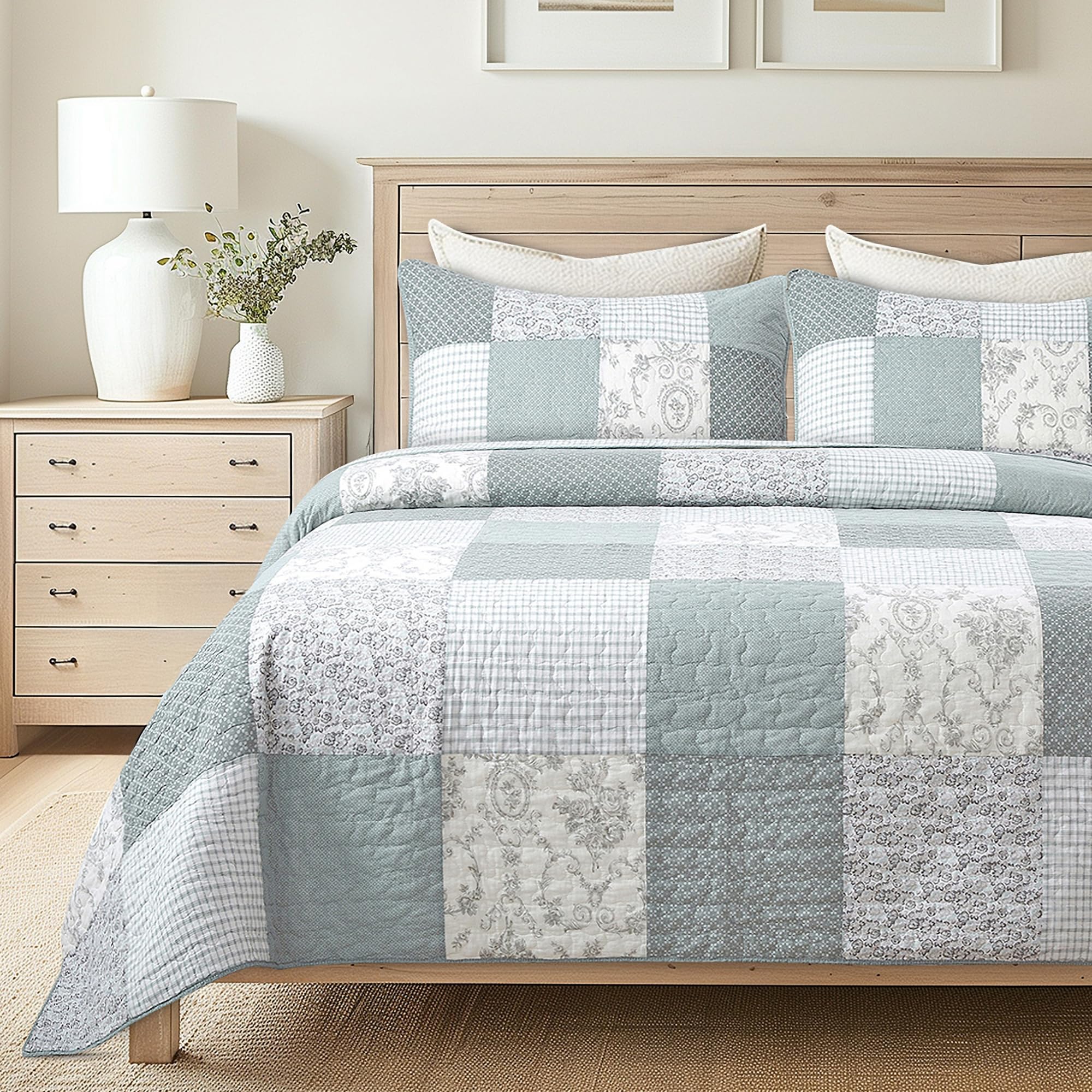 Soul & Lane Memory Lane Queen Quilt Set Sage Green Patchwork Cotton Lightweight Bedding