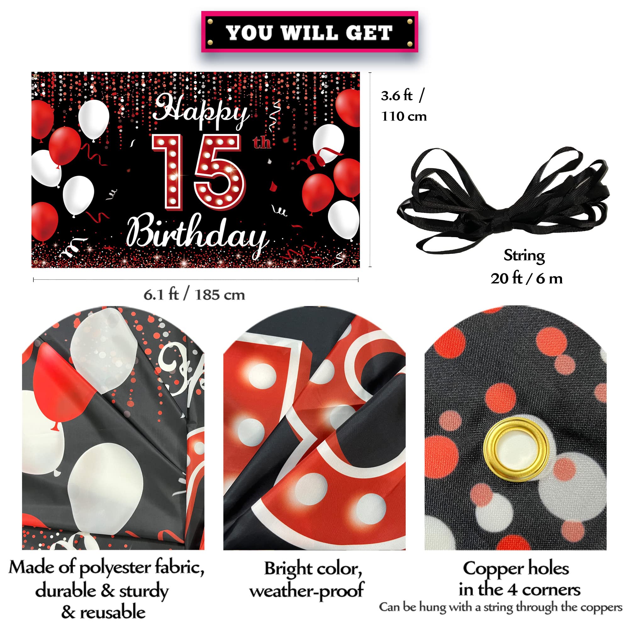 15Th Birthday Backdrop Banner, Happy 15Th Birthday Decorations For Girls, Red Black 15 Year Old Birthday Party Photo Booth Props