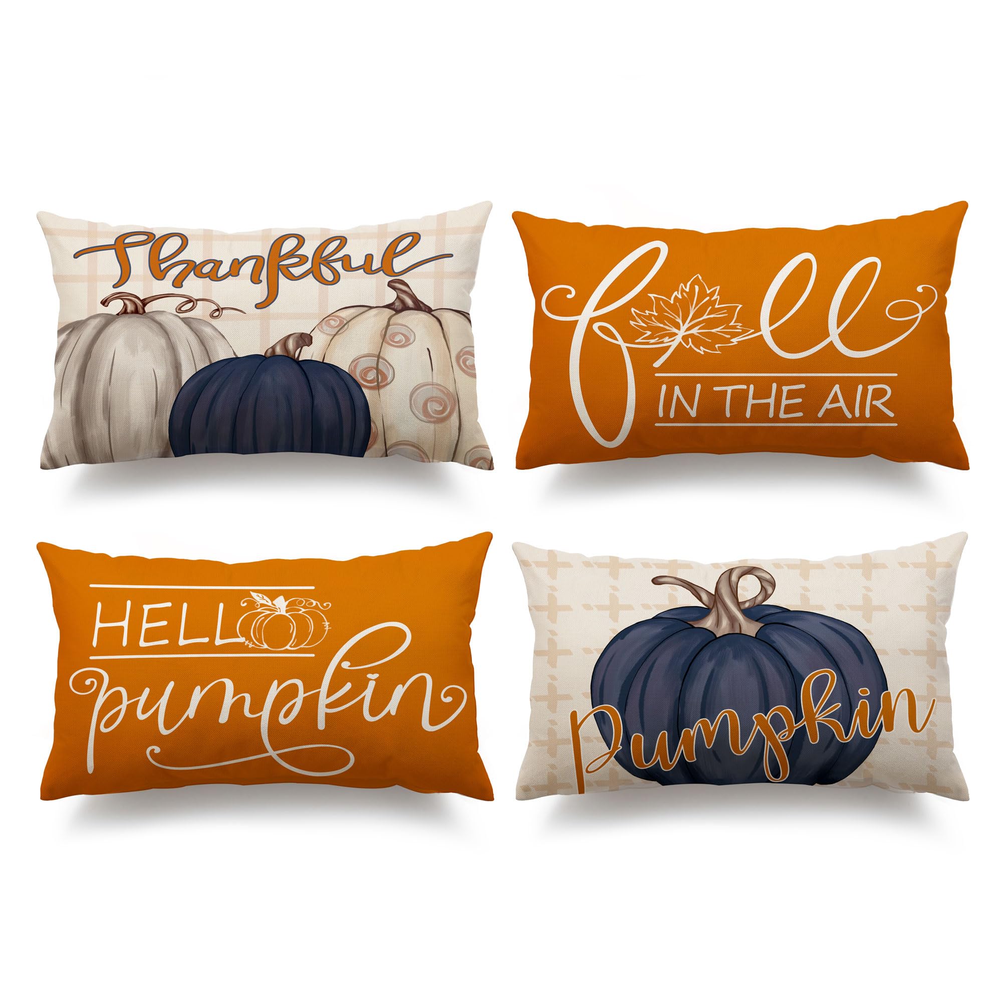 DFXSZ Fall Pillow Covers 12x20 inch Set of 4 Buffalo Plaid Fall Blue Pumpkin Throw Pillow Cover Autumn Thanksgiving Decoration f