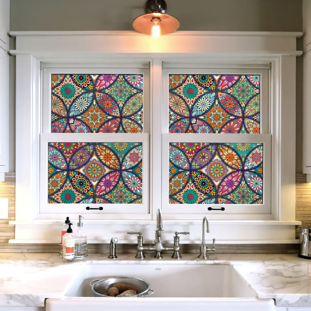 Jiffdiff Window Privacy Film Frosted Glass Stain Stickers Boho Decorative Rainbow Non-Adhesive Static Cling Tinting For Home Bat