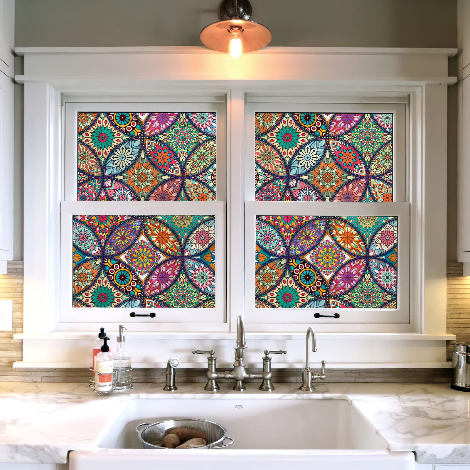 Jiffdiff Window Privacy Film Frosted Glass Stain Stickers Boho Decorative Rainbow Non-Adhesive Static Cling Tinting For Home Bat