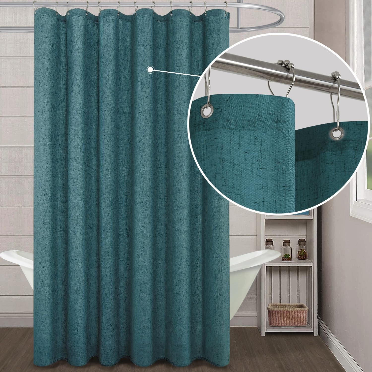 Koufall Teal Waterproof Linen Fabric Shower Curtain 72X84 Inch Length
