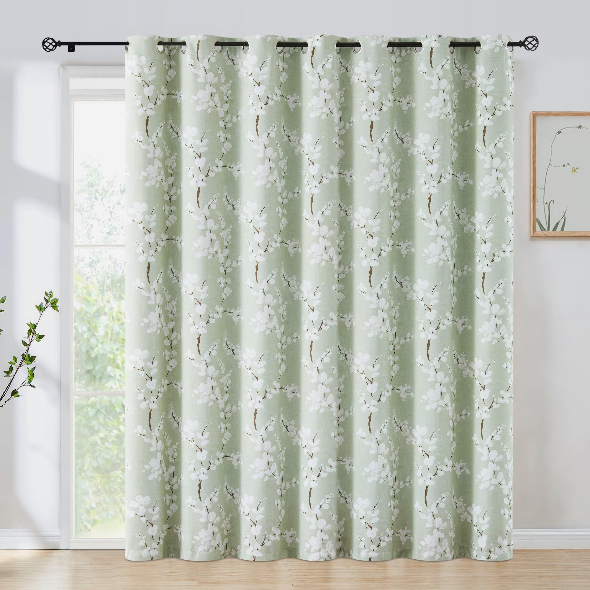FMFUNCTEX 100% Blackout Sliding Door Curtains for Living Room, Green Floral Print Extra 100 Wide Window Curtain Panels for Slidi