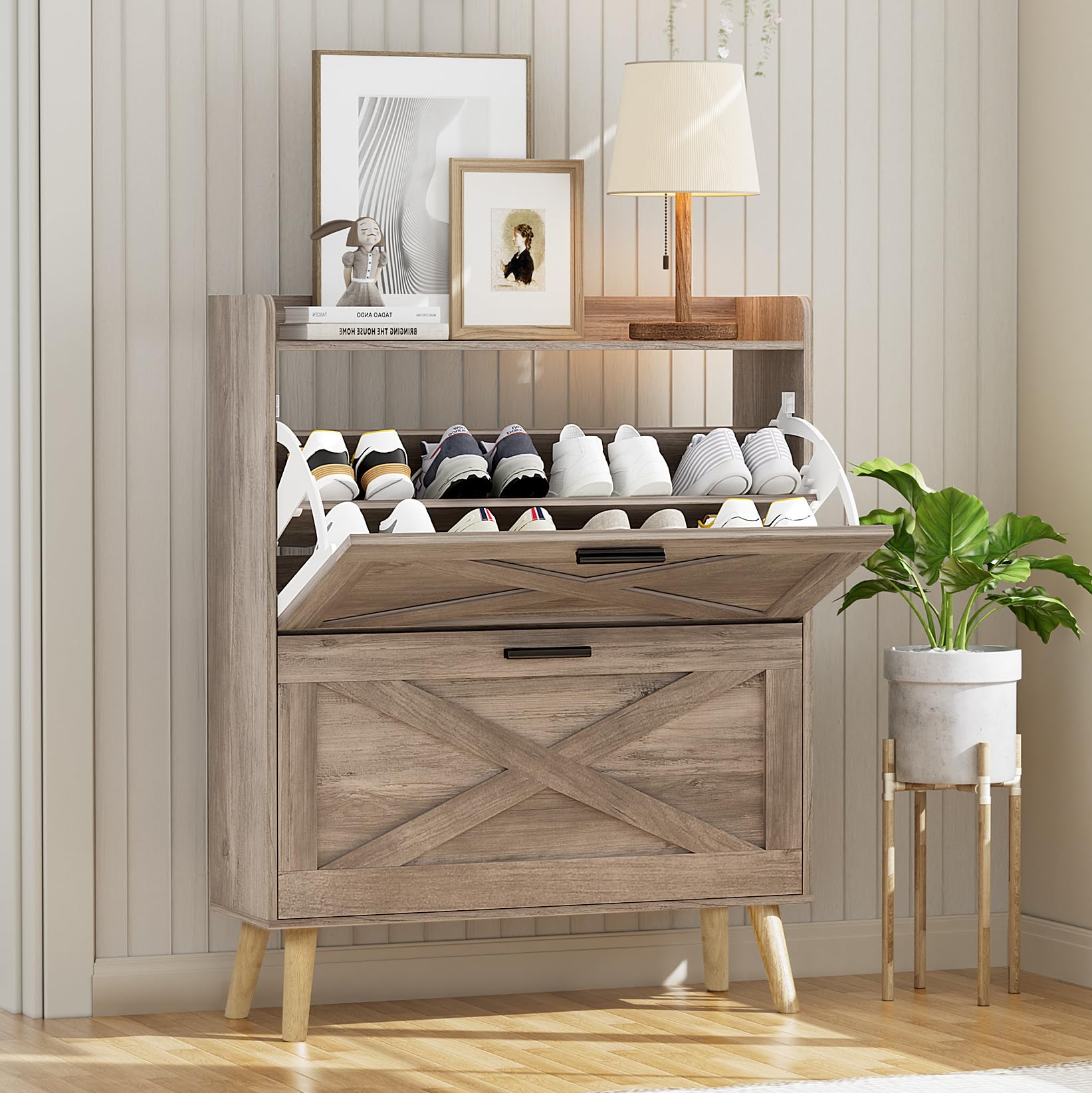 Homleke Farmhouse Shoe Storage Cabinet with 2 Flip Drawers and Barn Door Design, Adjustable Shelves, Modern Hidden Slim Narrow S