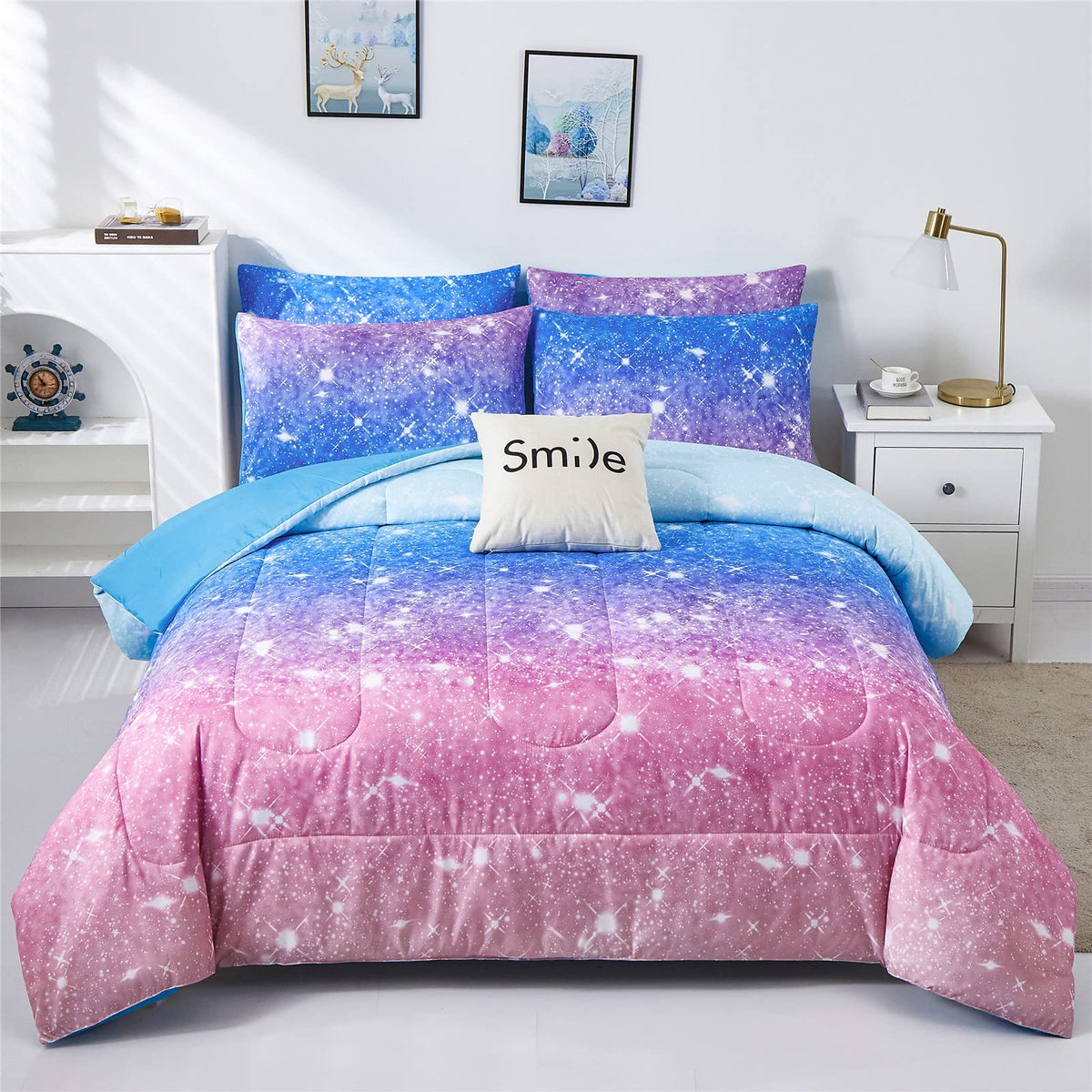 Kiddiku Rainbow Glitter Comforter Set Twin Size For Girls, Sparkle Galaxy Twinkle Starlight Comforter For Kids,2 Piece Aqua Blue