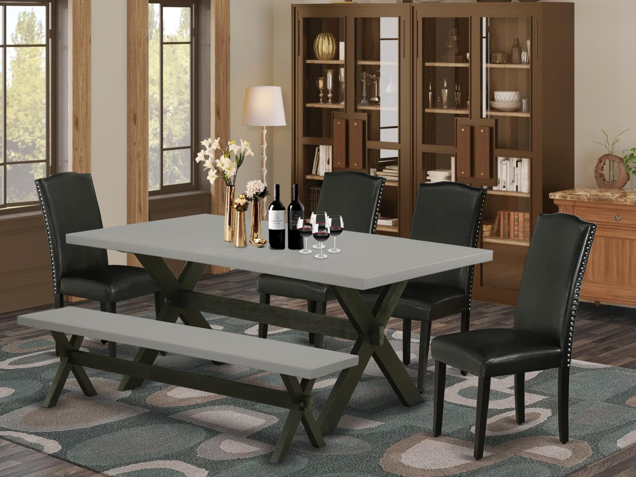 East West Furniture X697En169-6 6 Piece Dining Table Set Contains A Rectangle Dining Room Table With X-Legs And 4 Black Faux Leather Parson Chairs With A Bench, 40X72 Inch, Multi-Color