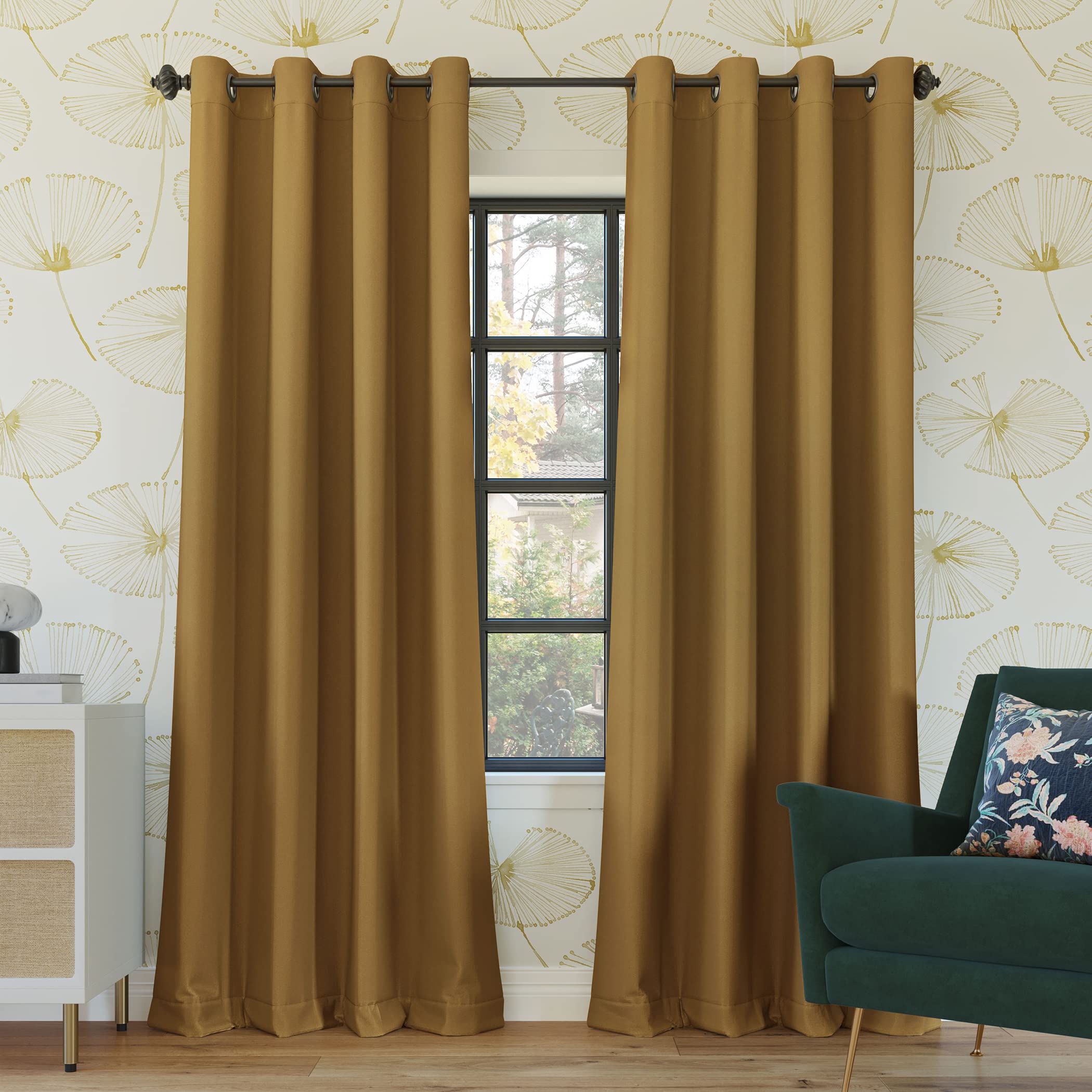 Sun Zero Nordic 2-Pack Theater Grade Noise Reducing Extreme 100% Blackout Grommet Curtain Panel Pair, 52' X 63, Gold