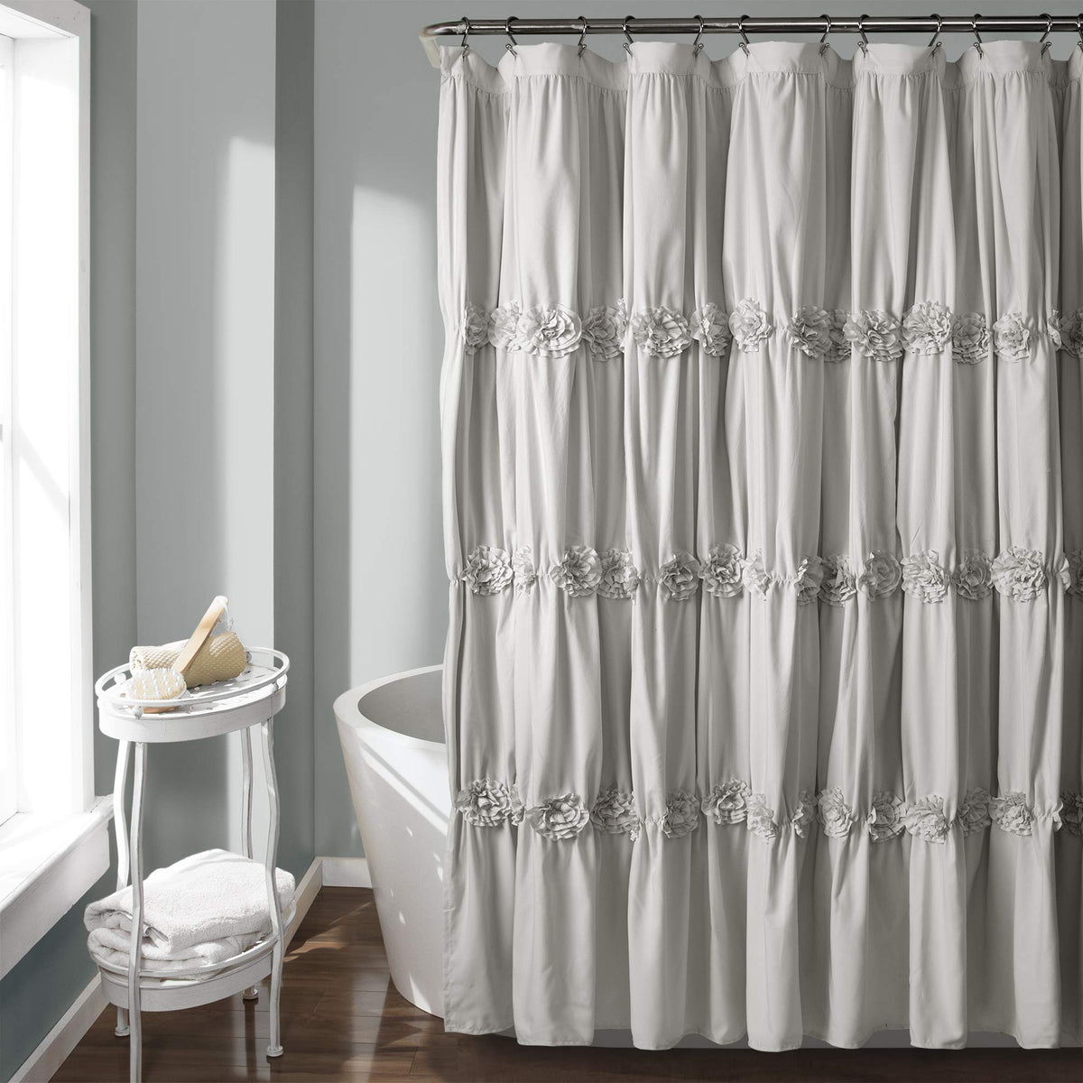 Lush Decor, Light Gray Darla Ruched Floral Bathroom Shower Curtain, X 72