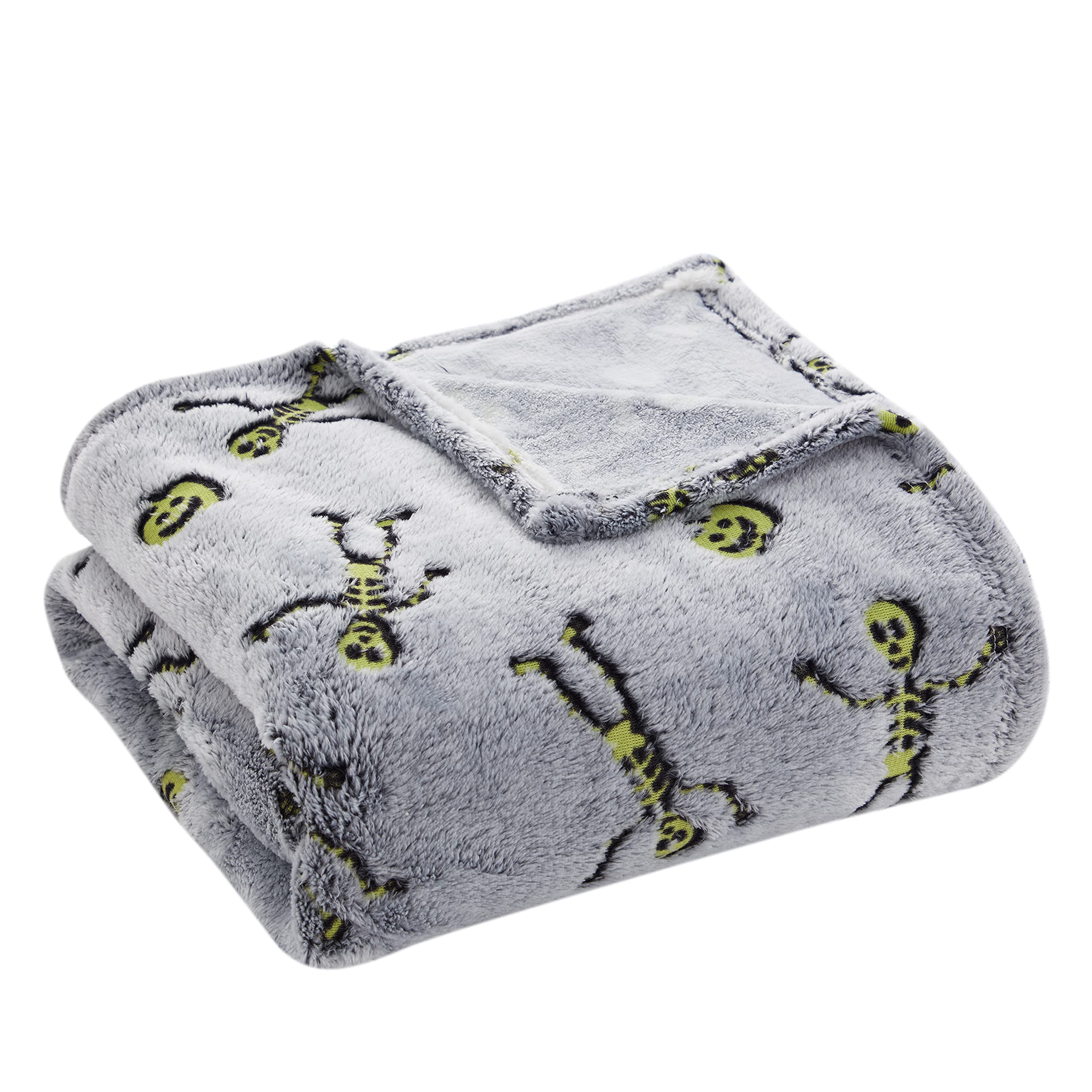 Serafina Home Halloween Glow In The Dark Throw Blanket: Skeletons And Jack O Lantern Pumpkins On Grey Velvet Fleece For Sofa Bed