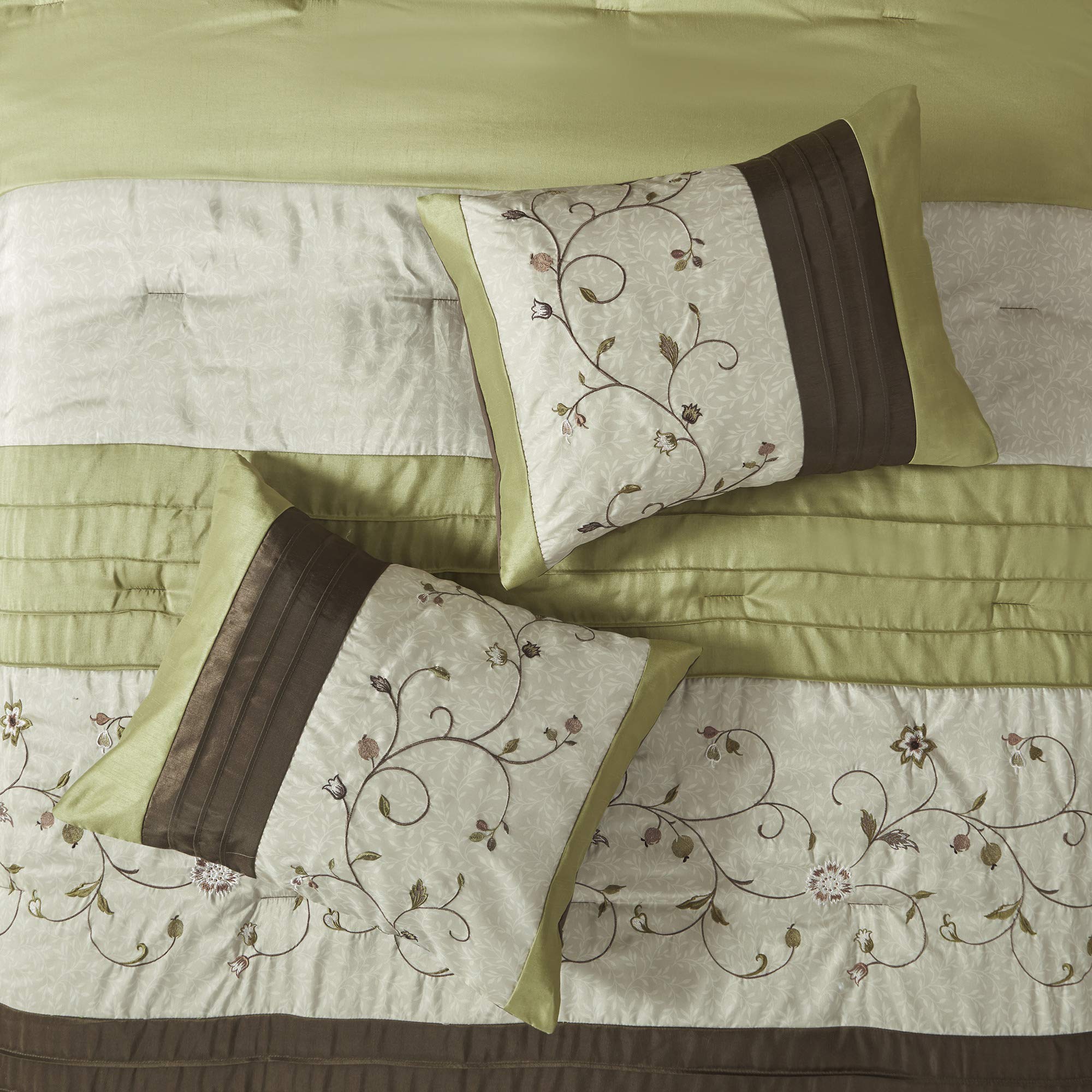 Madison Park Serene Faux Silk Comforter Set - Floral Embroidery Design, All Season Bedding Set, Matching Bed Skirt, Decorative Pillows, Green King(104'X92') 7 Piece