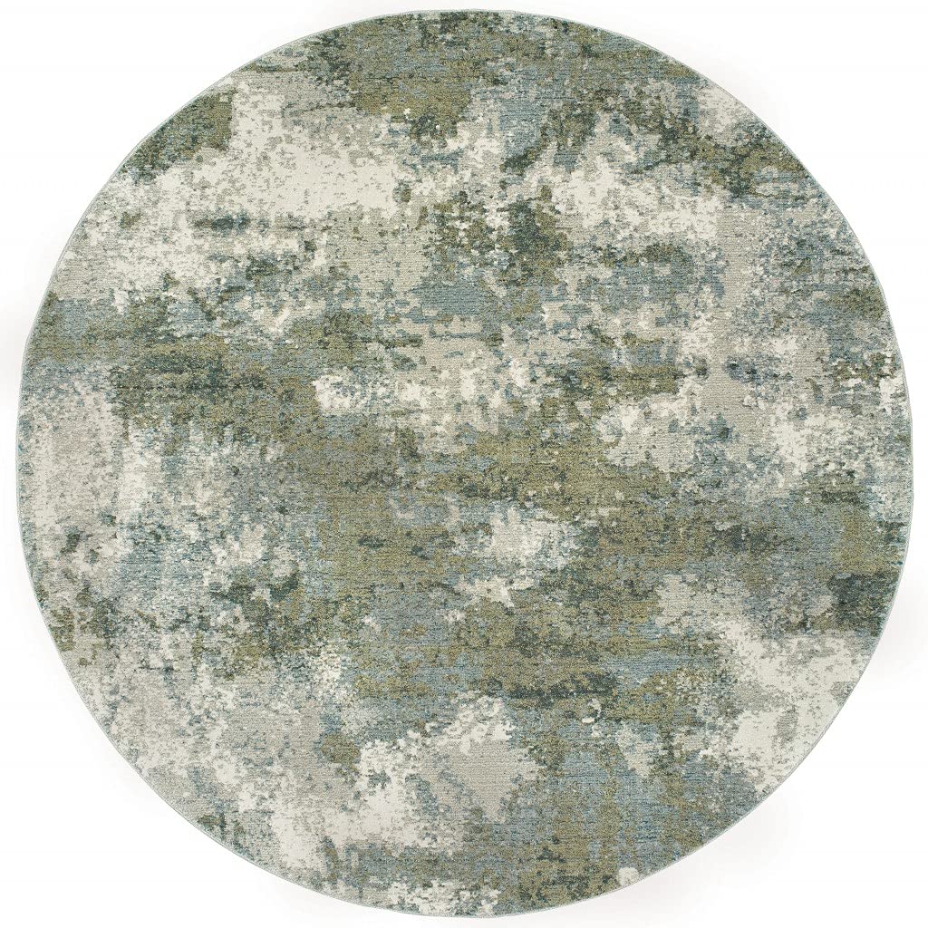 HomeRoots Nylon, Polypropylene 8’ Round Blue and Sage Distressed Waves Indoor Area Rug